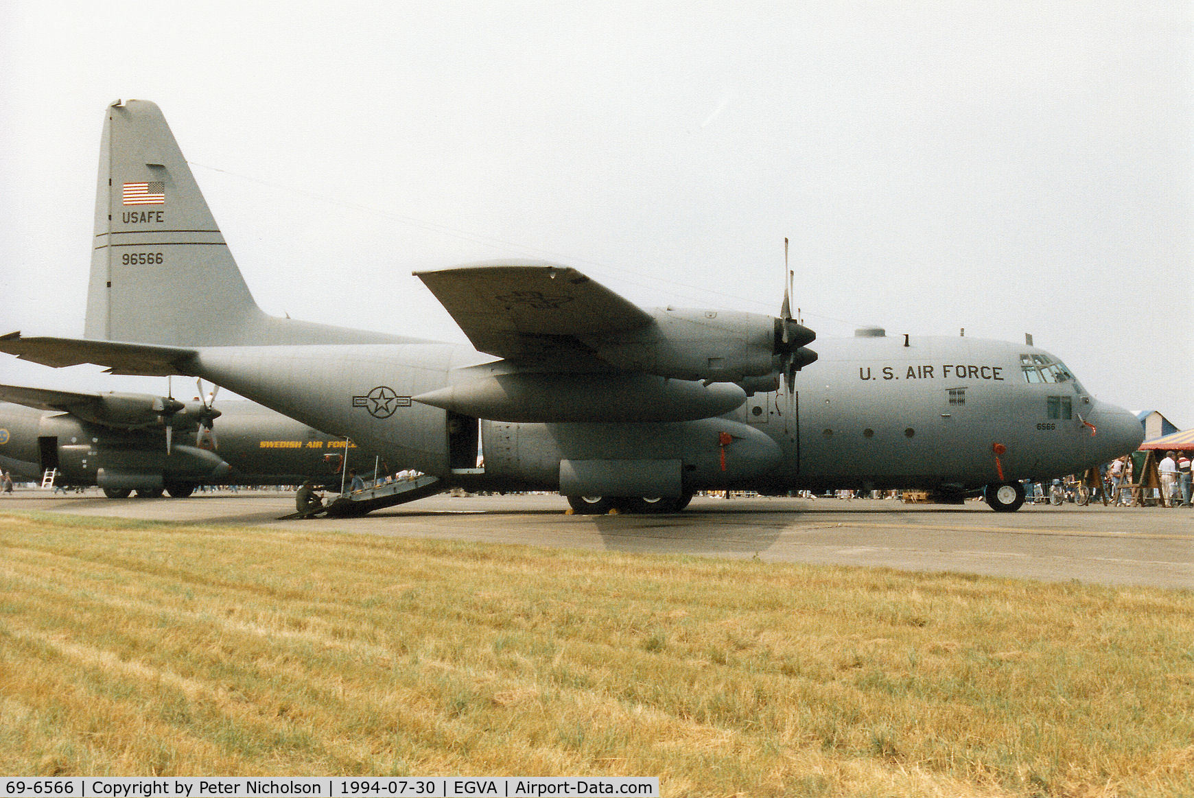 69-6566, 1969 Lockheed C-130E Hercules C/N 382-4340, C-130E Hercules, callsign Herky 007, named Boss Hog of the 435th Airlift Wing on display at the 1994 Intnl Air Tattoo at RAF Fairford.