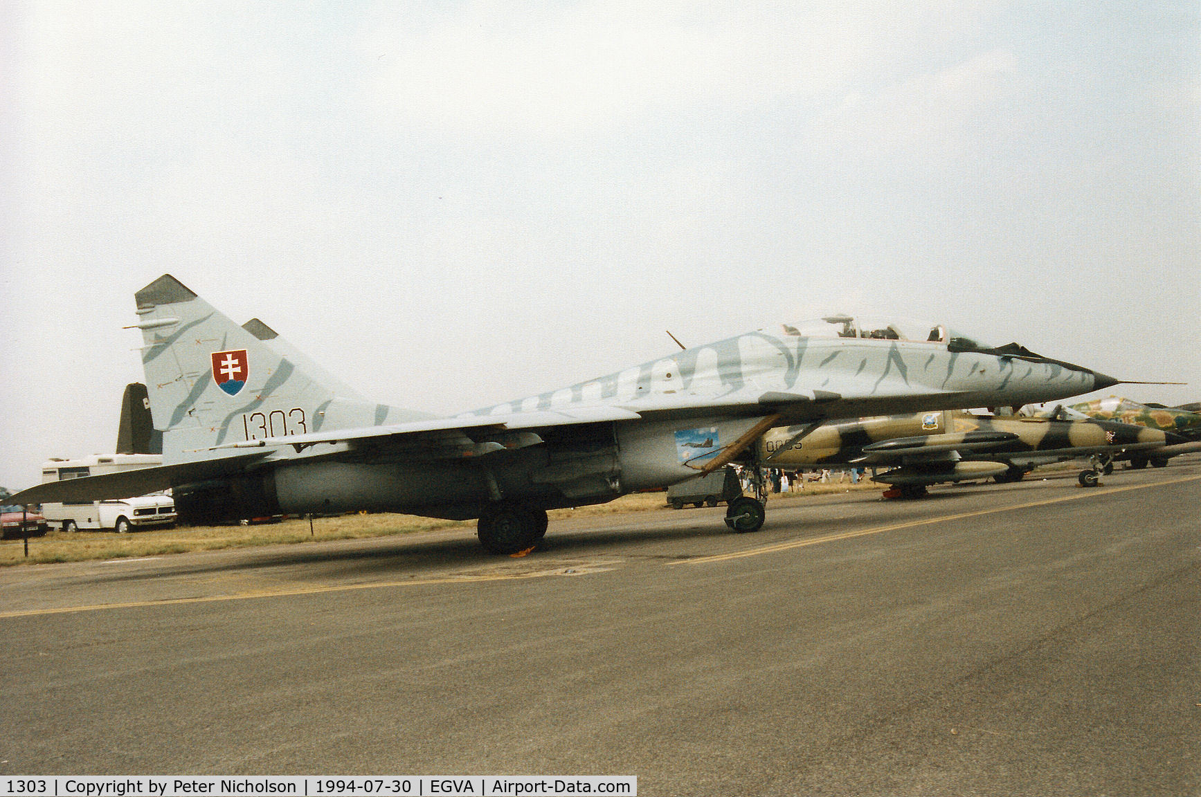 1303, Mikoyan-Gurevich MiG-29UB C/N N50903028113, Another view of the MiG-29UB Fulcrum from Sliac Air Base on display at the 1994 Intnl Air Tattoo at RAF Fairford.