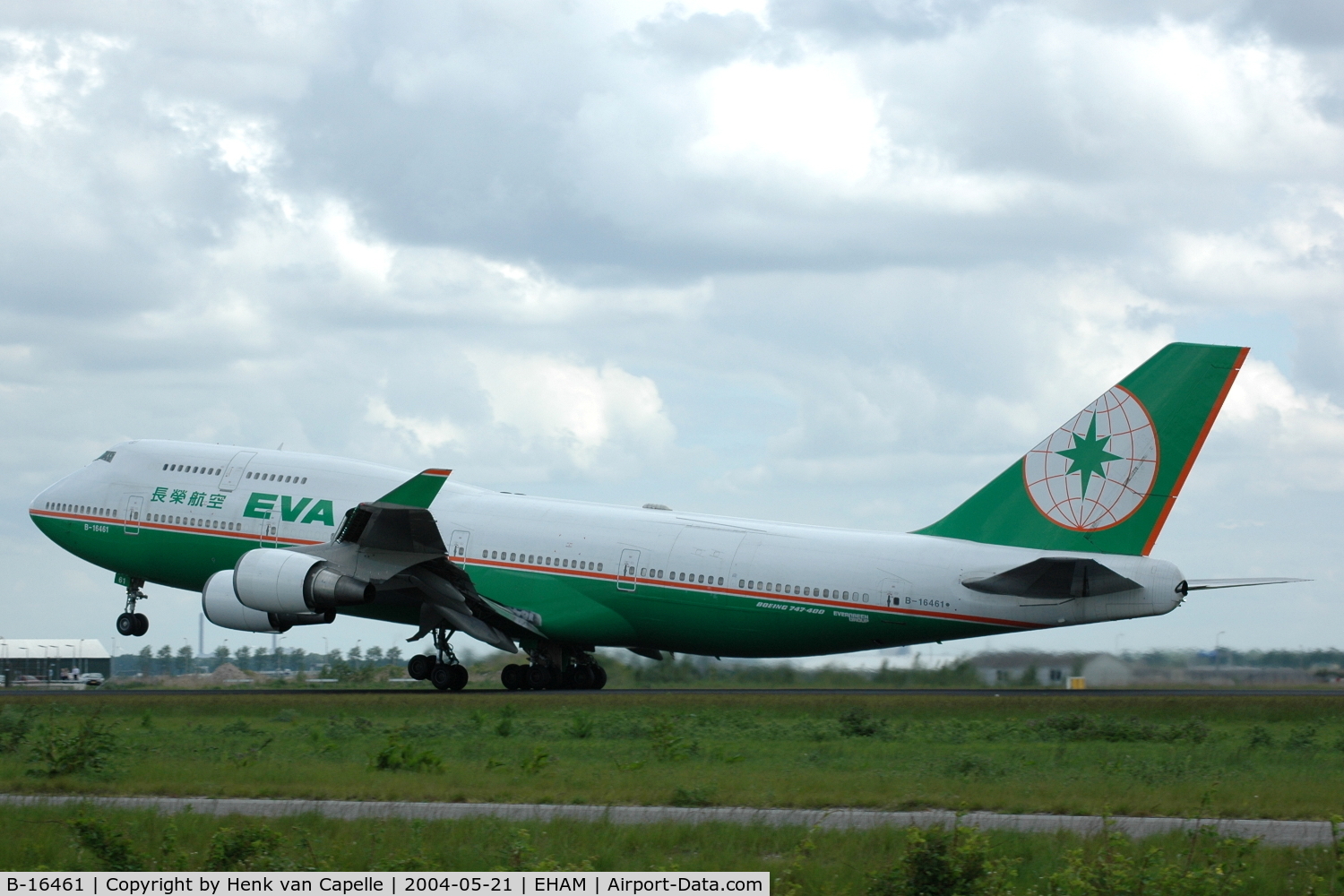 B-16461, 1993 Boeing 747-45EM(BCF) C/N 27154, EVA Air Boeing 747-400M taking off from Schiphol airport, Amsterdam.