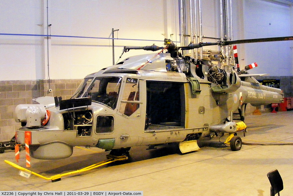 XZ236, 1977 Westland Lynx HMA.8 C/N 017, inside the ETS Hangar - Ground Training Unit. Marked as LST 1