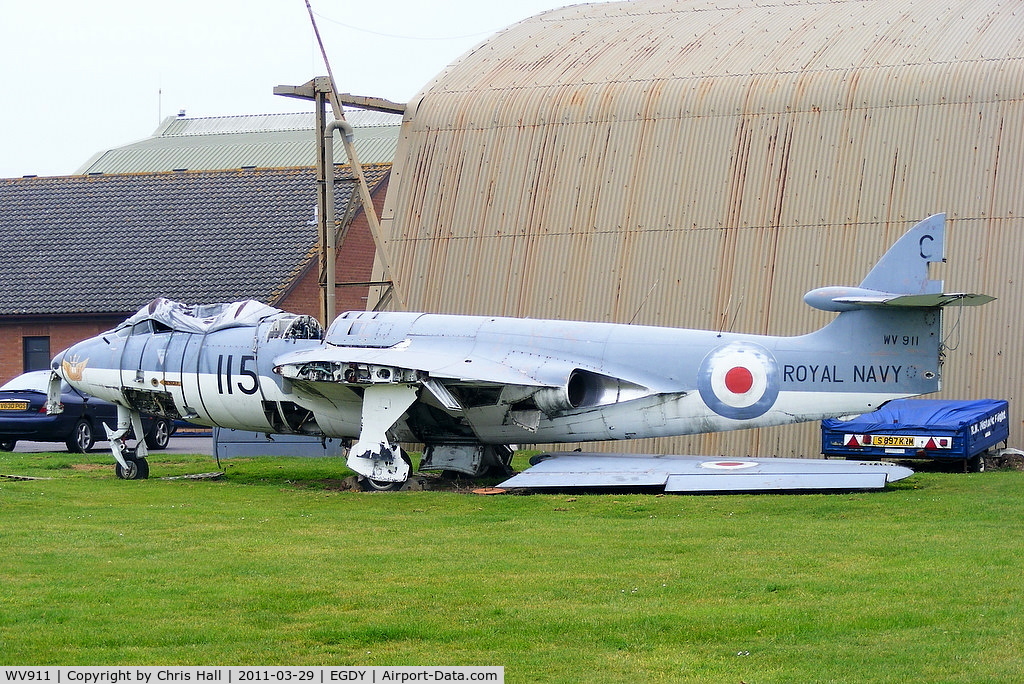 WV911, 1955 Hawker Sea Hawk FGA.6 C/N 6126, stored outside Royal Navy Historic Flight hangar