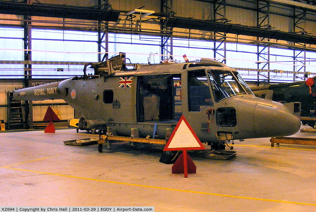 XZ694, Westland Lynx HAS.3GMS C/N 128, inside Hangar 9, 847 Sqdn, Commando Lynx unit, stripped right down to a bare frame