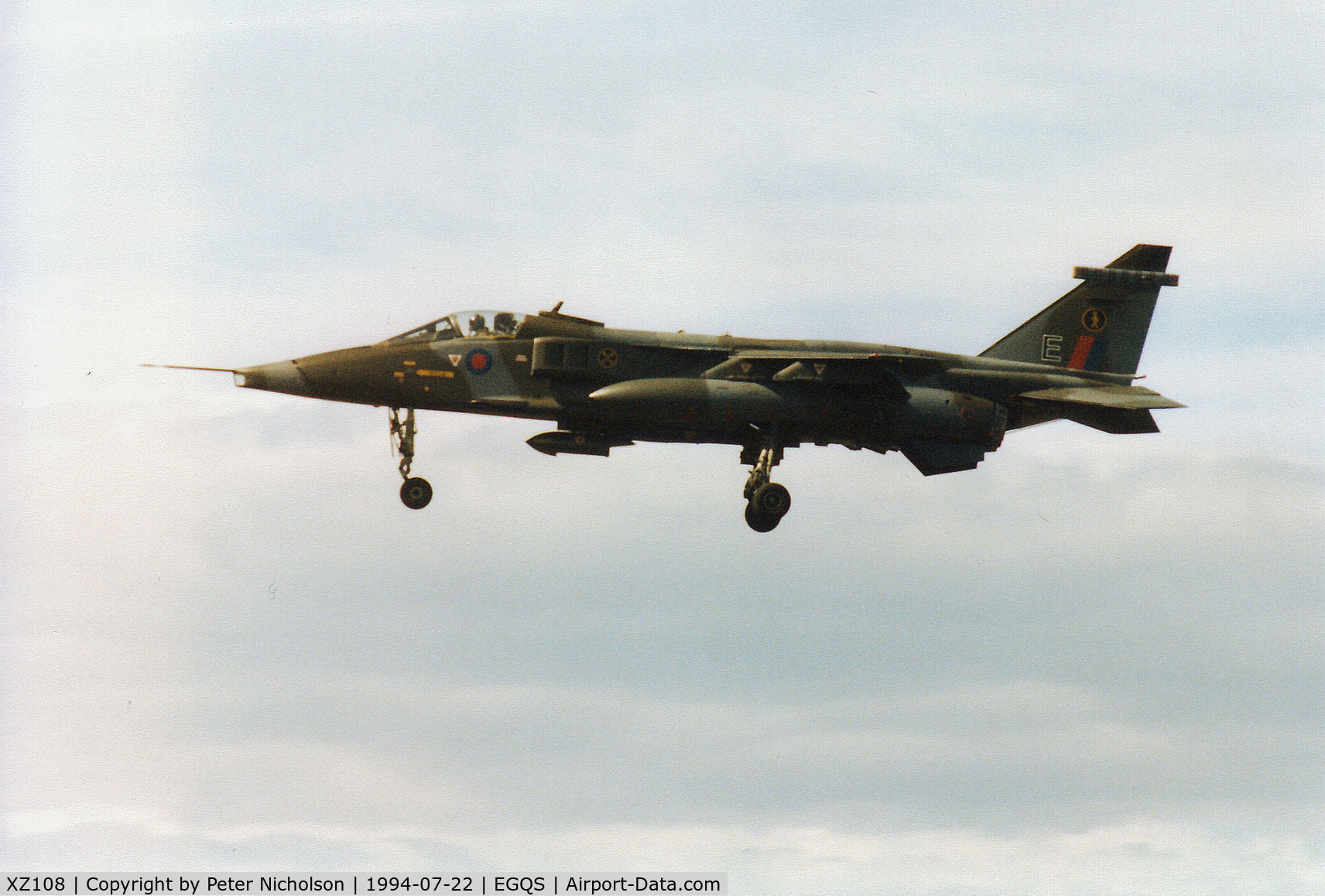 XZ108, 1976 Sepecat Jaguar GR.1A C/N S.109, Jaguar GR.1A of 16[Reserve] Squadron on final approach to RAF Lossiemouth in the Summer of 1994.