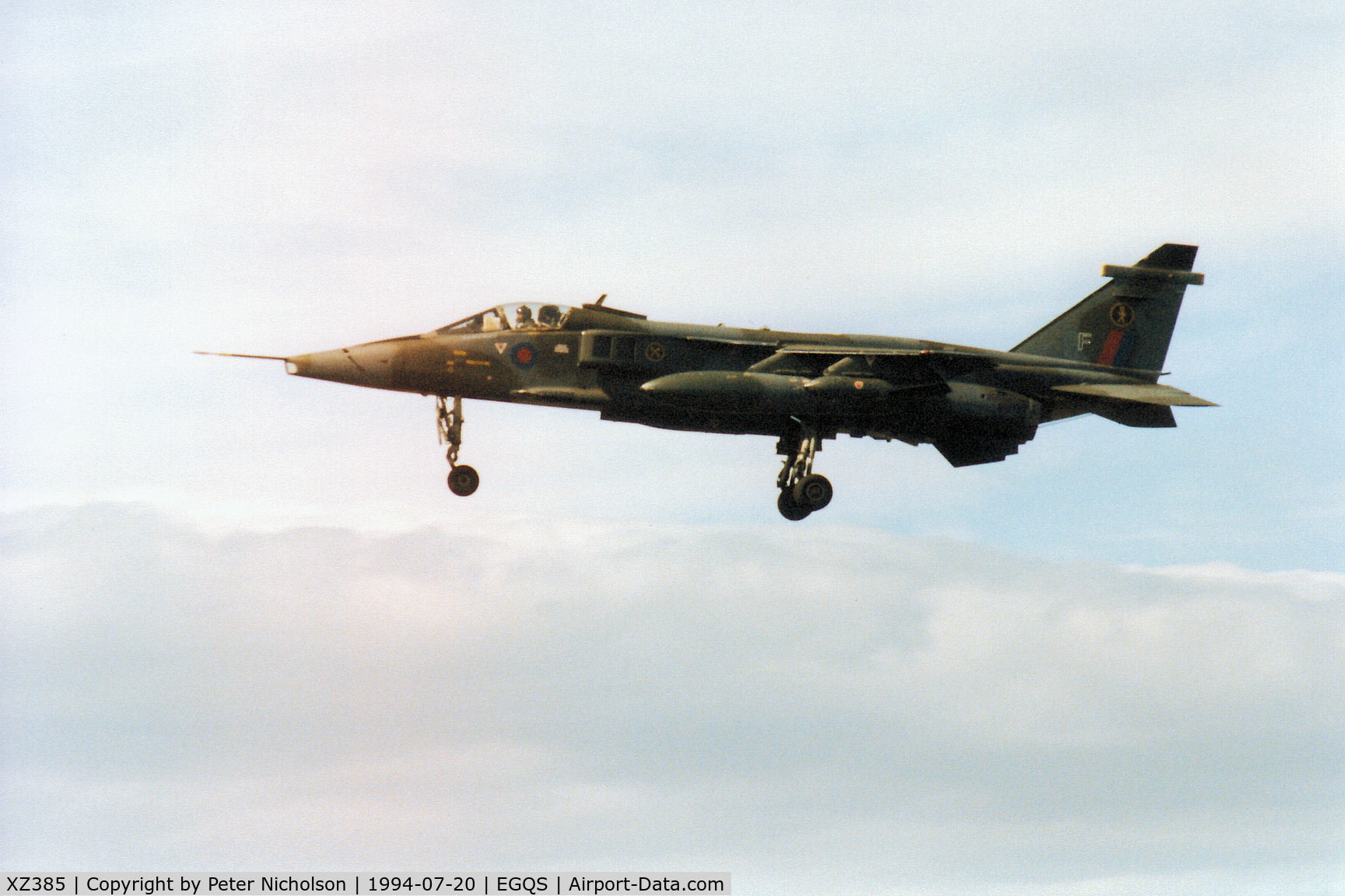 XZ385, 1977 Sepecat Jaguar GR.1A C/N S.150, Jaguar GR.1A of 16[Reserve] Squadron on final approach to RAF Lossiemouth in the Summer of 1994.