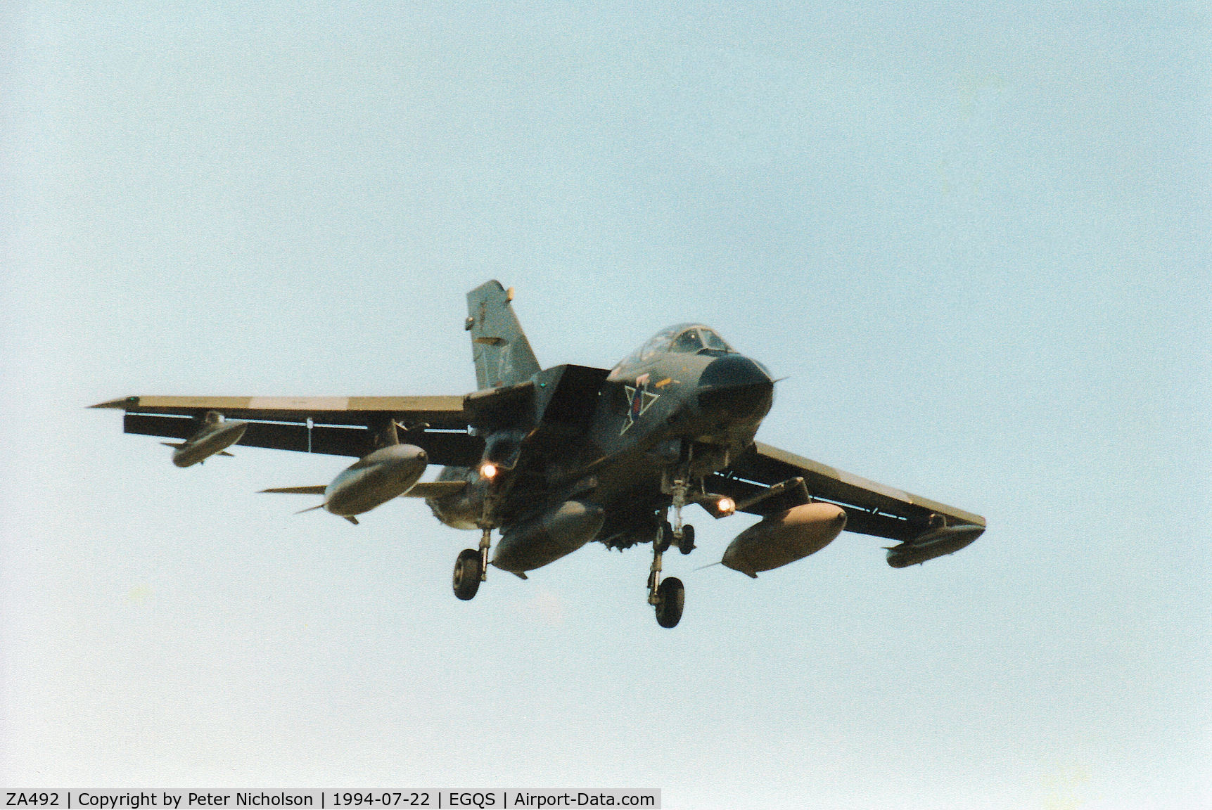 ZA492, 1983 Panavia Tornado GR.1B C/N 310/BS108/3144, Tornado GR.1B of 12 Squadron on final approach to RAF Lossiemouth in the Summer of 1994.
