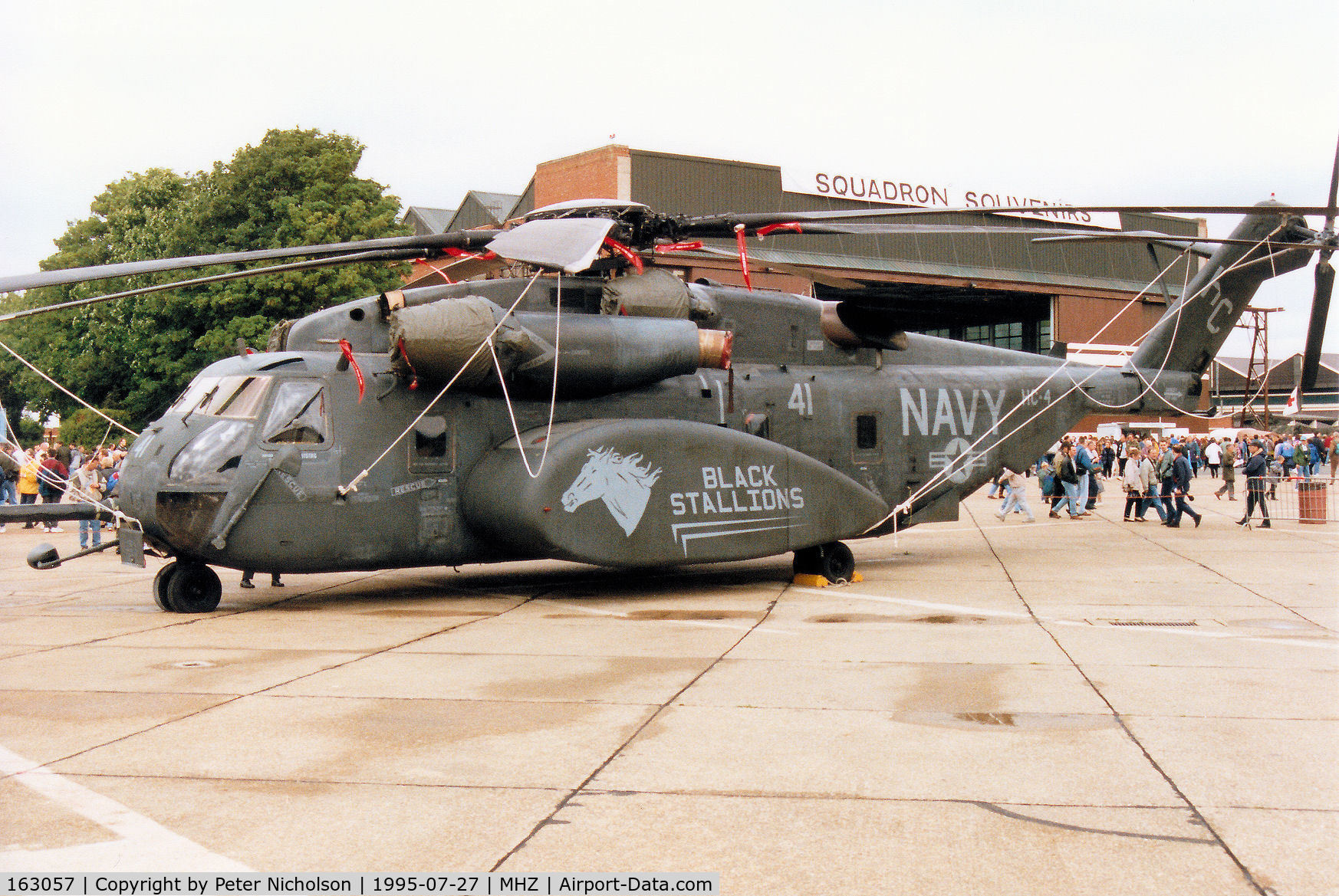 163057, Sikorsky MH-53E Sea Dragon C/N 65-555, MH-53E, callsign Navy Juliet Mike 996, of Helicopter Combat Support Squadron HC-4 based at Sigonella, Sicily on display at the 1995 RAF Mildenhall Air Fete.