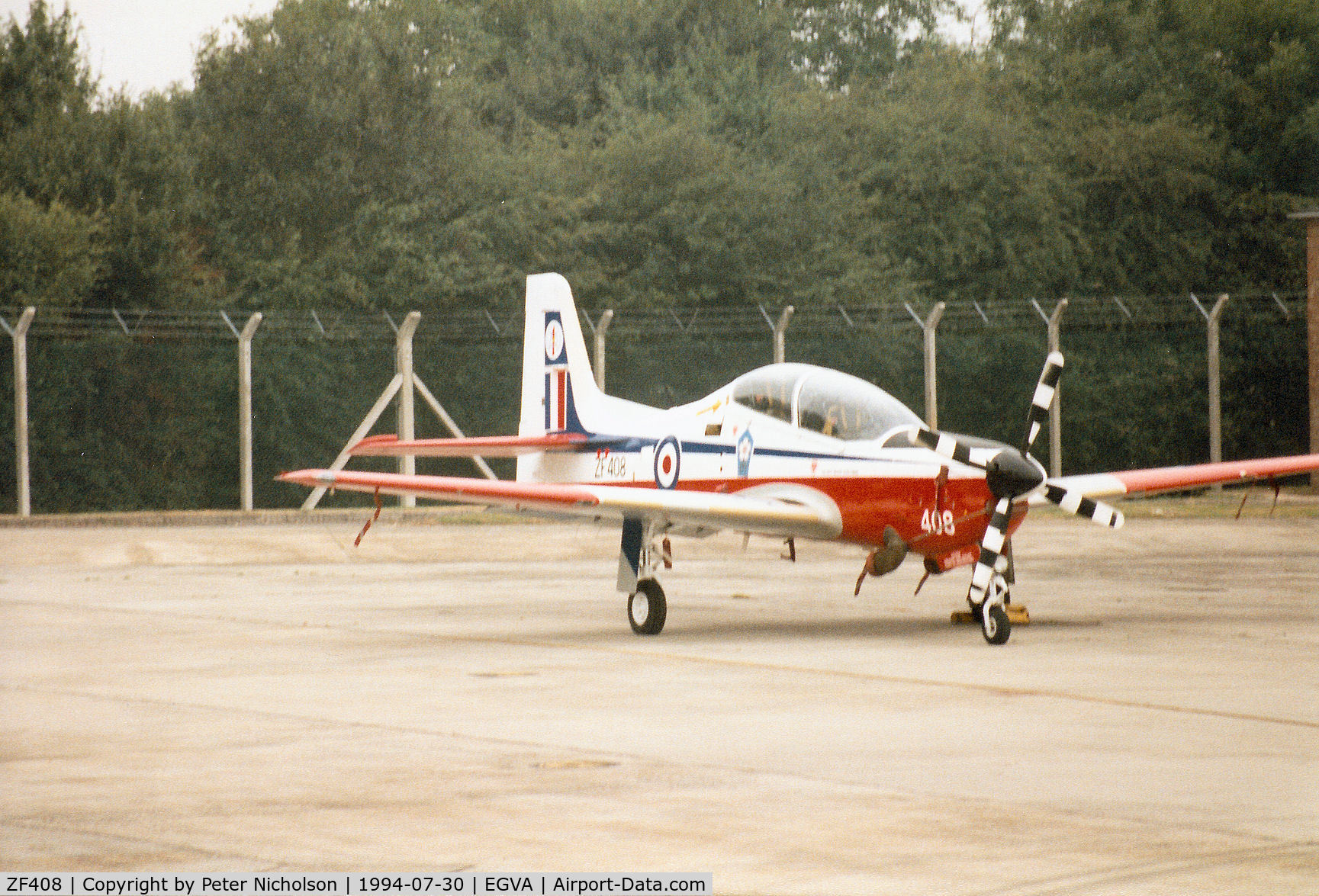 ZF408, 1992 Short S-312 Tucano T1 C/N S127/T98, Tucano T.1, callsign Blade 2, of 1 Flying Training School based at RAF Linton-on-Ouse in 75th Anniversary markings on the flight-line at the 1994 Intnl Air Tattoo at RAF Fairford.