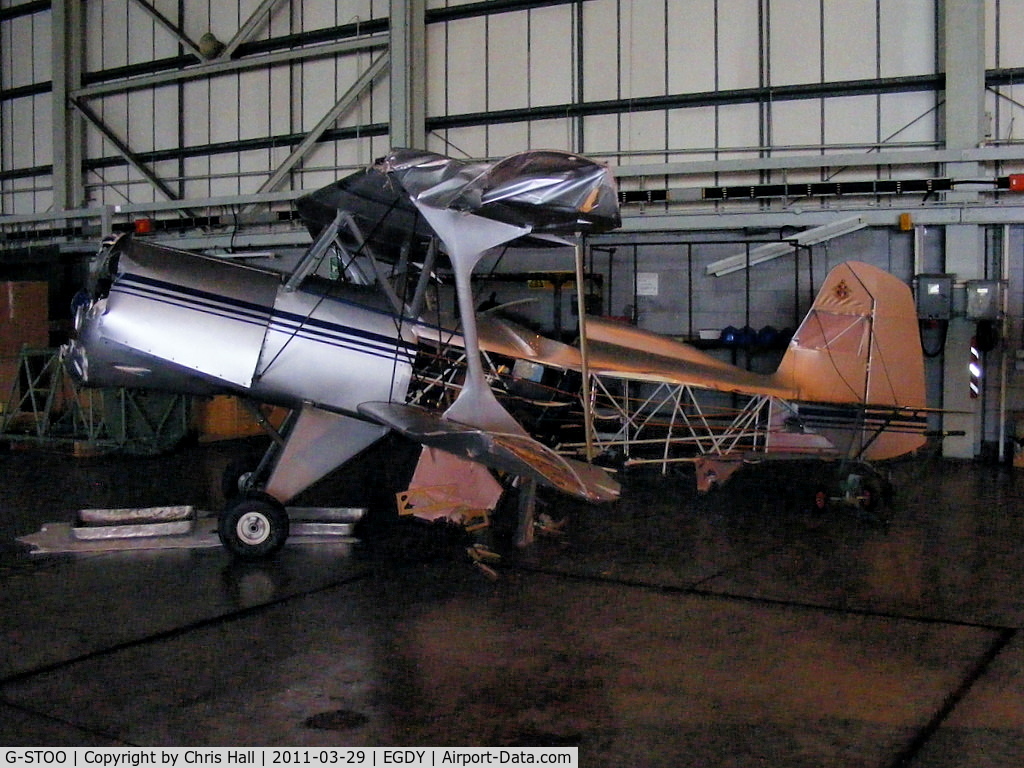 G-STOO, 2003 Stolp SA-300 Starduster Too C/N PFA 035-13870, inside the 727 NAS Hangar. Damaged when it apparently struck the back of G-BZPP Wasp which was in a hover taxy at Yeovilton on 5th March 2011
