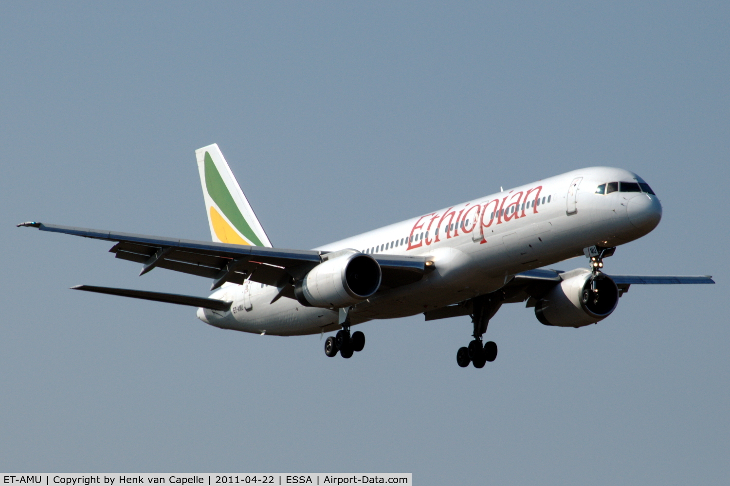 ET-AMU, 1997 Boeing 757-23N C/N 27975, Boeing 757-200 of Ethiopian Airlines about to land at Stockholm Arlanda airport.