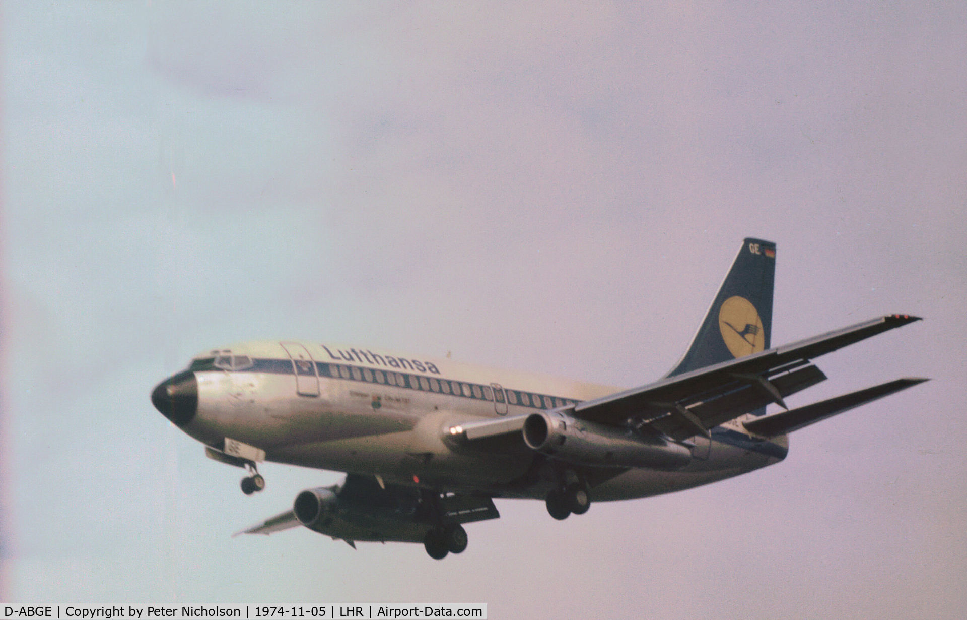 D-ABGE, 1971 Boeing 737-230C C/N 20257, Boeing 737-230C named Erlangen of Lufthansa on final approach to London Heathrow in November 1974.