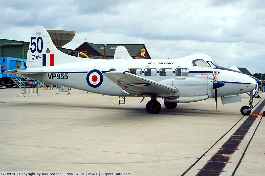 G-DVON, 1948 De Havilland DH-104 Dove 8 C/N 04201, De Havilland DH.104 Devon C2/2 [04201] RNAS Yeovilton~G 15/07/1995. Still wears former military marks of VP955.