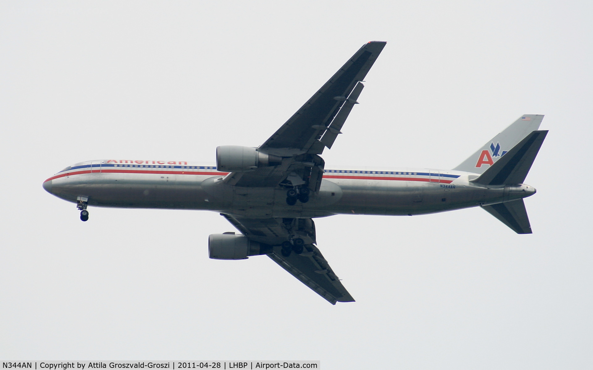 N344AN, 2003 Boeing 767-323 C/N 33083, Getting off direction Budapest Ferihegy onto an International Airport, in Üllö city airspace.