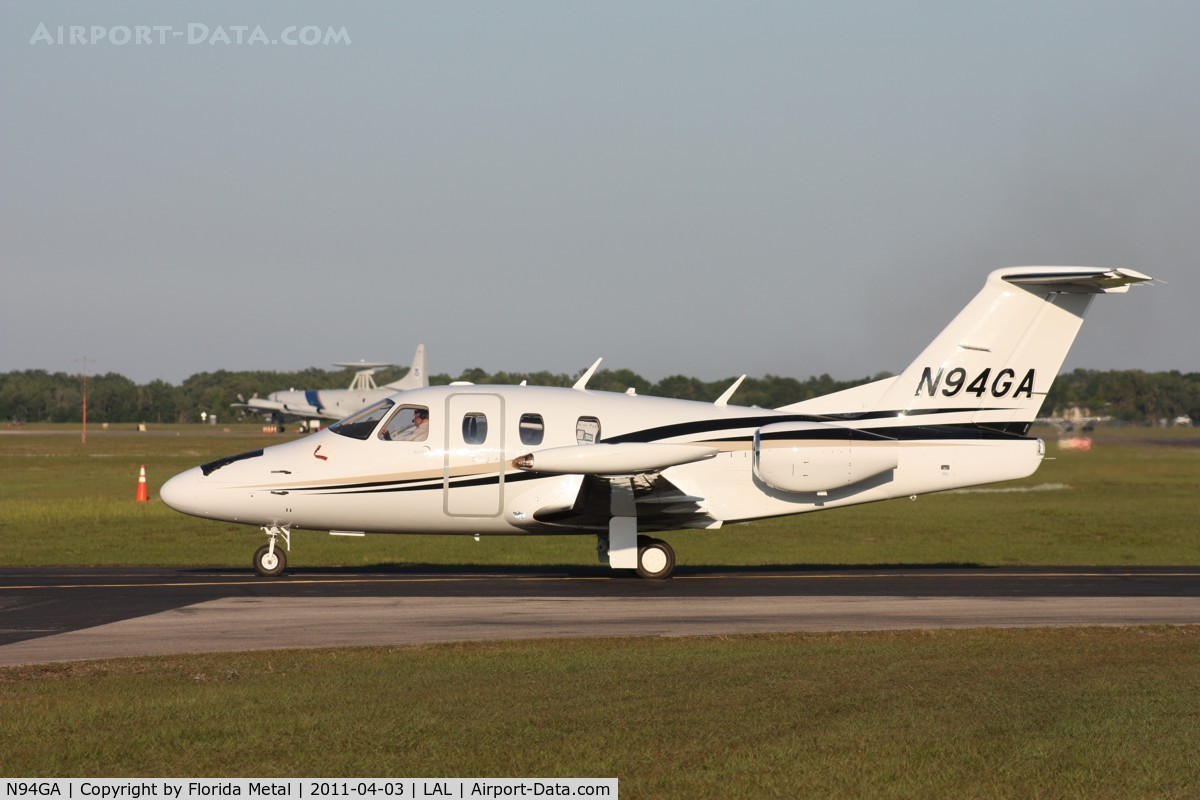 N94GA, 2007 Eclipse Aviation Corp EA500 C/N 000072, Eclipse EA500 with some minor damage, but will fly out of Lakeland.  It was damaged when a small aircraft was flipped onto it by the March 31, 2011 tornado that went thru Sun N Fun