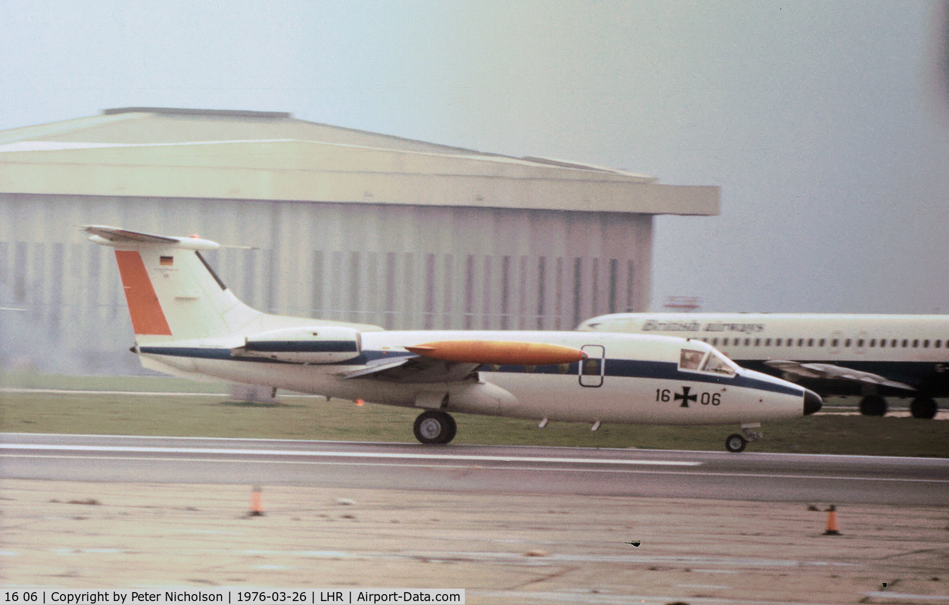 16 06, Hamburger Flugzeugbau HFB-320 Hansa Jet C/N 1048/S28, HFB-320 Hansa Jet of the German Air Force FBS VIP Flight visiting Heathrow in March 1976.