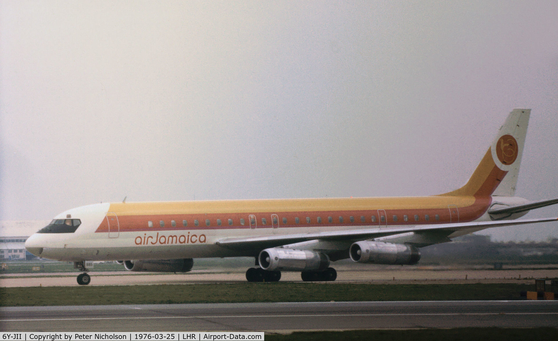 6Y-JII, 1969 Douglas DC-8-62 C/N 46084, DC-8-62 of Air Jamaica seen at Heathrow in March 1976.