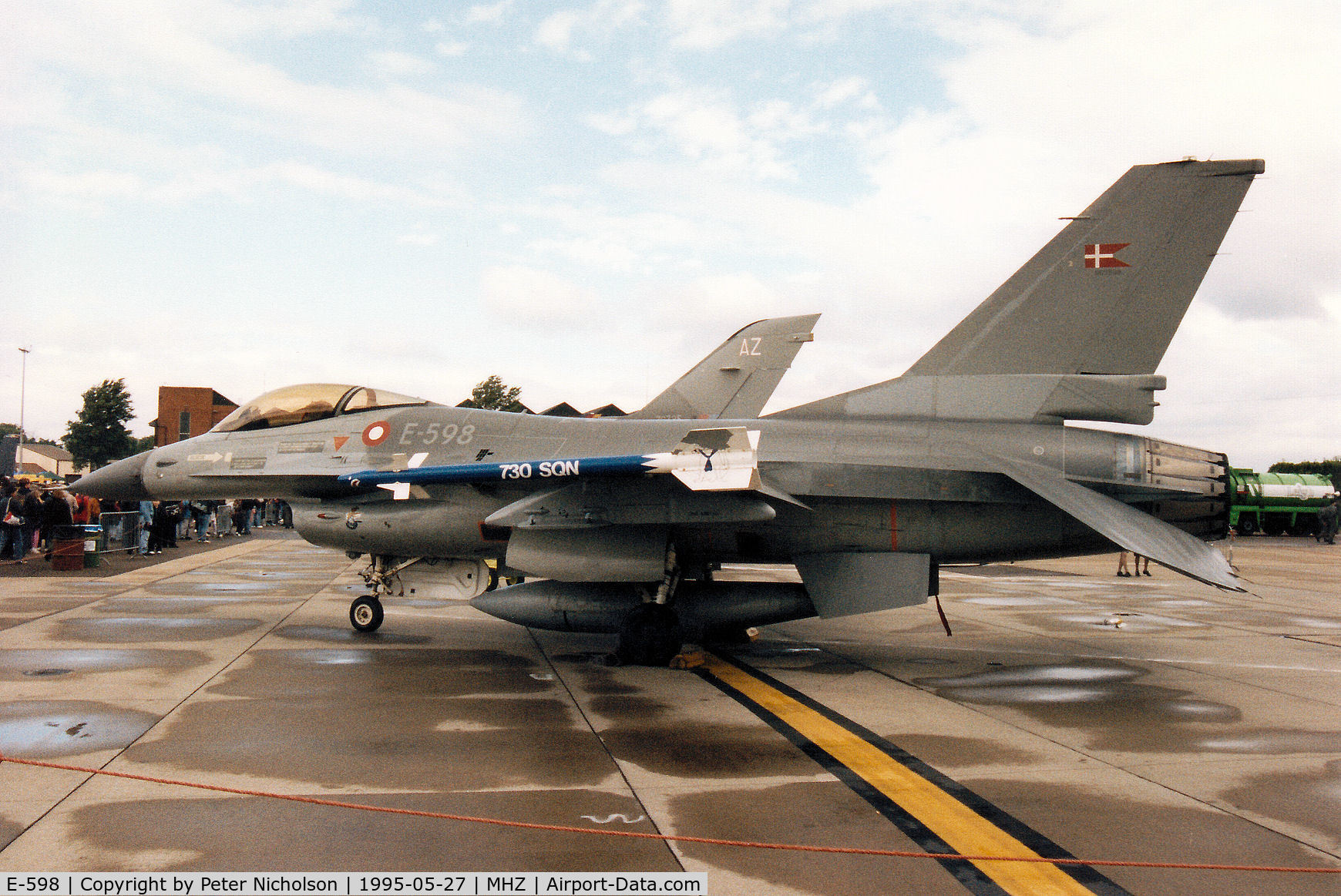 E-598, SABCA F-16AM Fighting Falcon C/N 6F-33, F-16A Falcon of Eskradille 730 of the Royal Danish Air Force based at Skrydstrup on display at the 1995 RAF Mildenhall Air Fete.