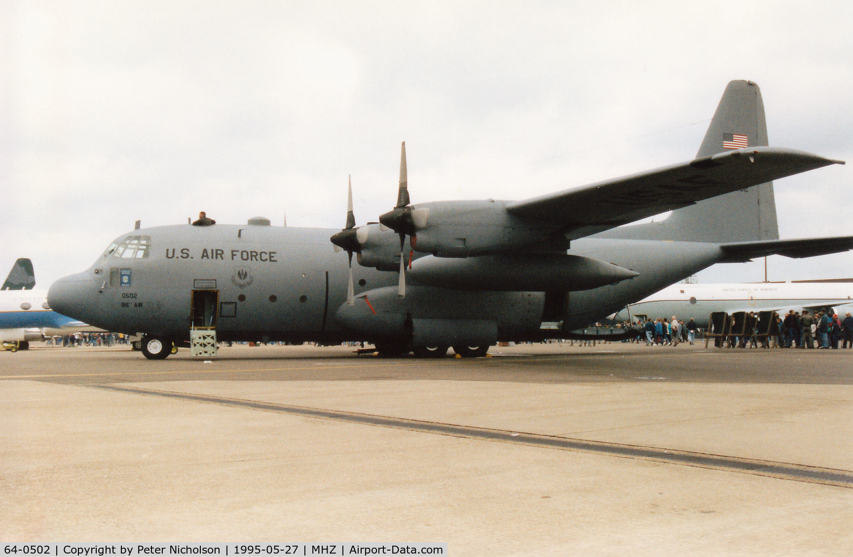 64-0502, 1964 Lockheed C-130E Hercules C/N 382-3986, C-130E Hercules of Ramstein's 86th Airlift Wing on display at the 1995 RAF Mildenhall Air Fete.