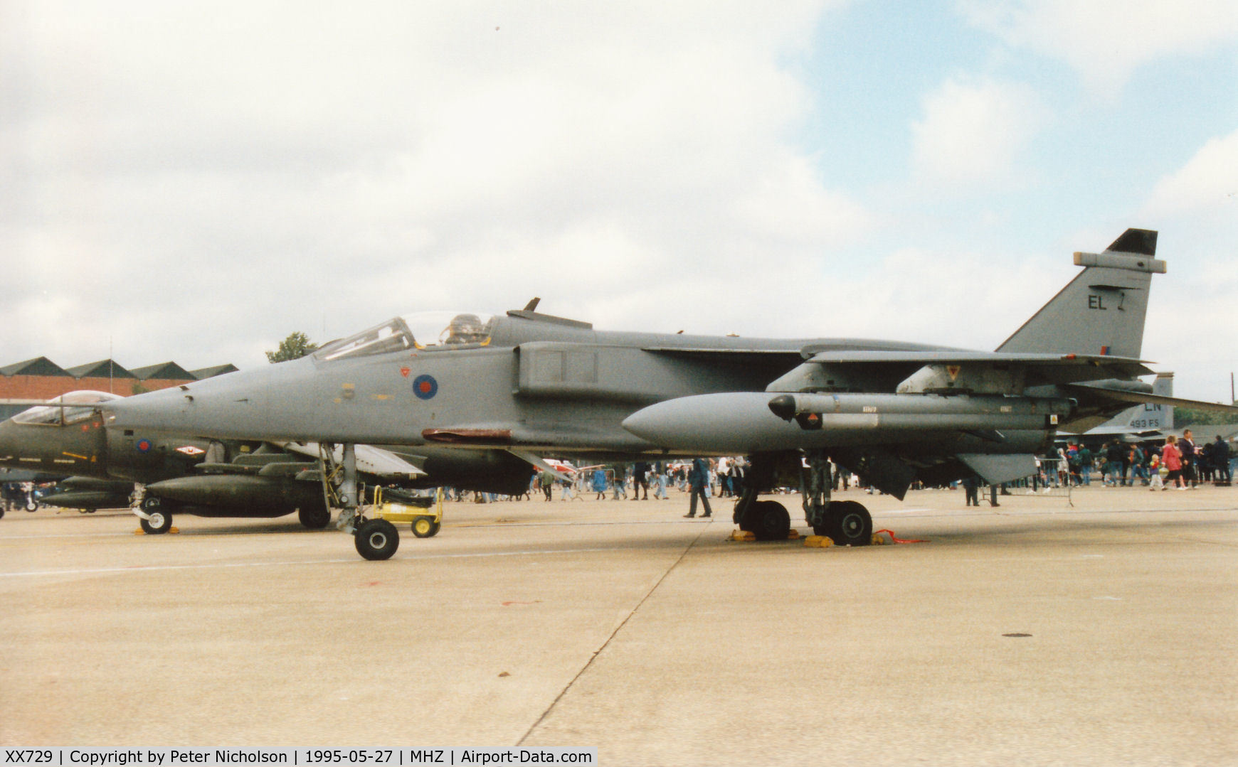 XX729, 1974 Sepecat Jaguar GR.1A C/N S.26, Jaguar GR.1A of 6 Squadron at RAF Coltishall on display at the 1995 RAF Mildenhall Air Fete.