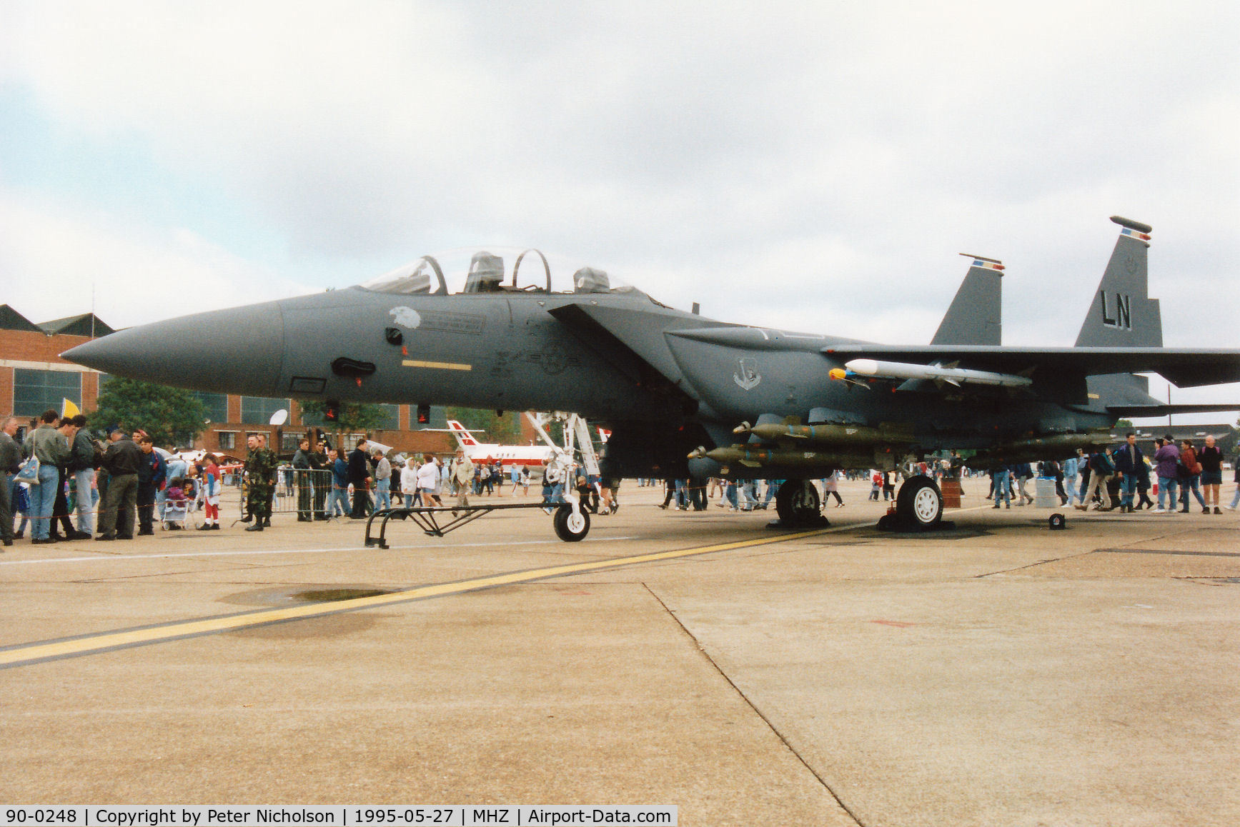 90-0248, 1990 McDonnell Douglas F-15E Strike Eagle C/N 1183/E150, F-15E Strike Eagle, callsign Brew 01, of RAF Lakenheath's 492nd Fighter Squadron/48th Fighter Wing on display at the 1995 RAF Mildenhall Air Fete.