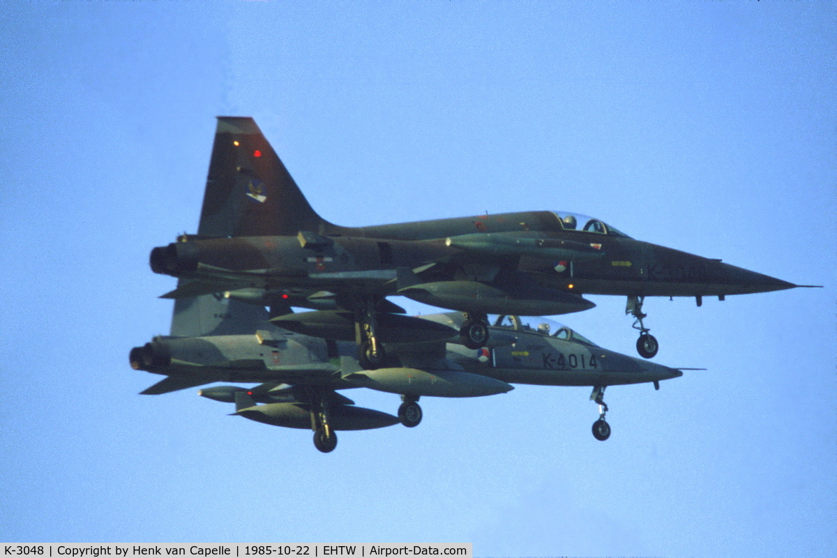 K-3048, 1971 Canadair NF-5A Freedom Fighter C/N 3048, NF-5A fighter of 313 sqn of the Royal Netherlands Air Force landing at Twente air base together with NF-5B K-4014.