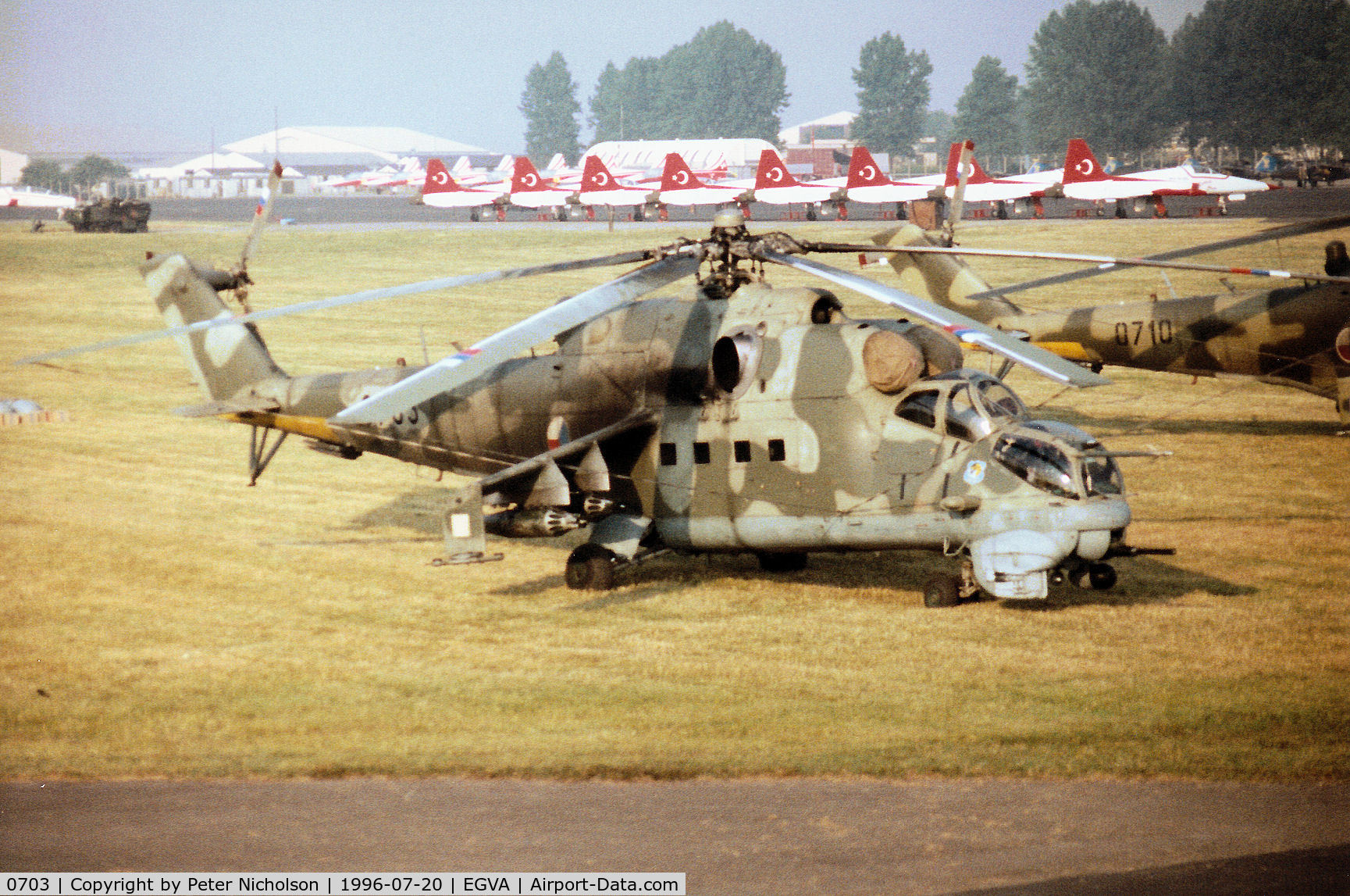 0703, Mil Mi-24V Hind E C/N 730703, Mi-24V Hind E helicopter gunship of 331 Squadron Czech Air Force on display at the 1996 Royal Intnl Air Tattoo at RAF Fairford.