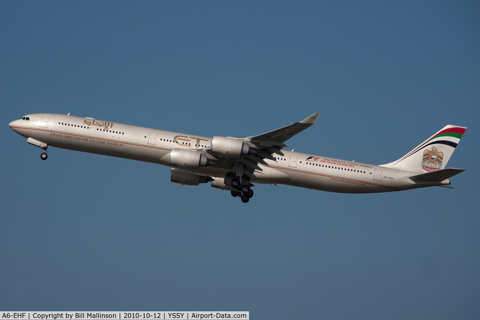 A6-EHF, 2007 Airbus A340-642X C/N 837, away from 34L