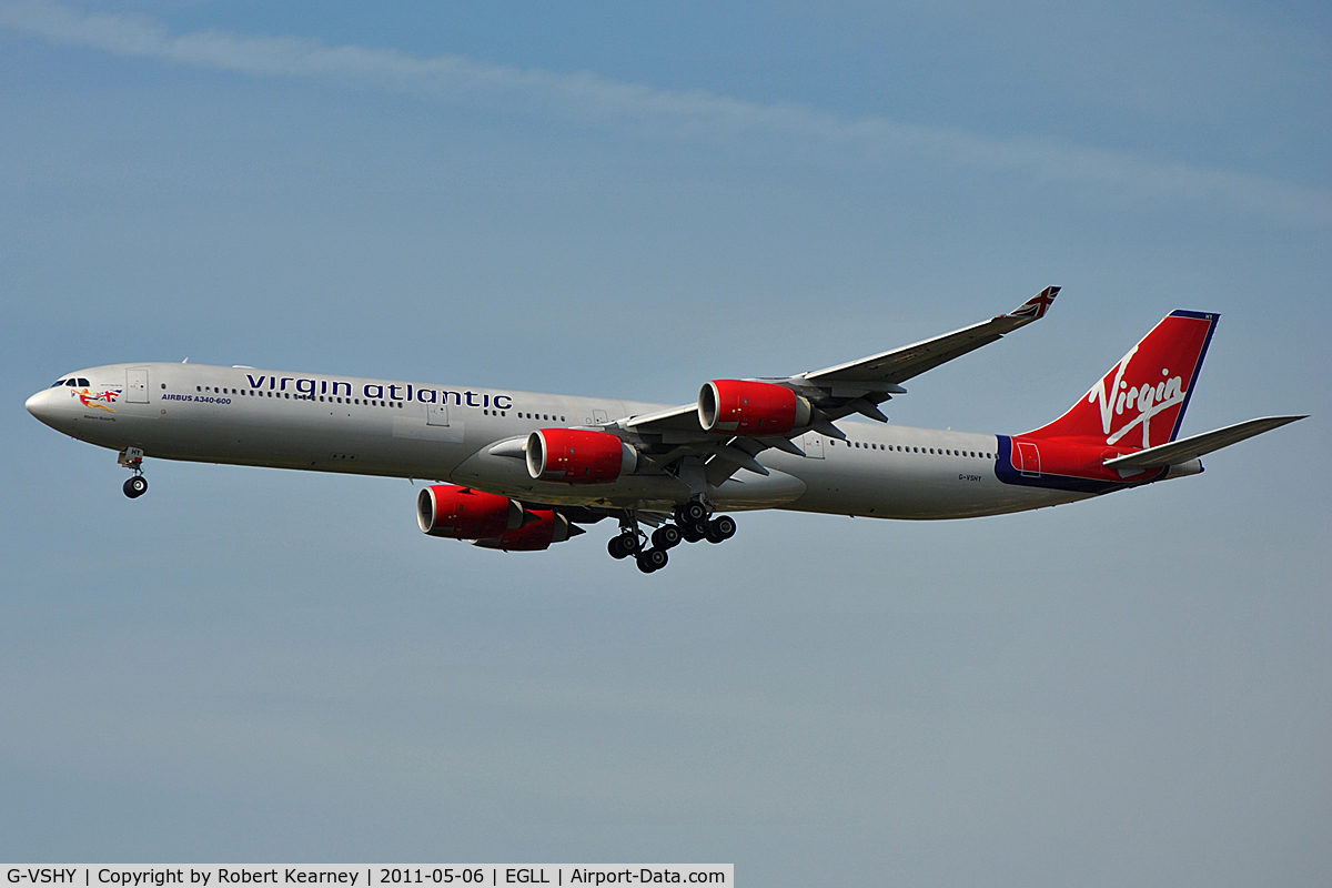 G-VSHY, 2002 Airbus A340-642 C/N 383, On short finals for r/w 27R