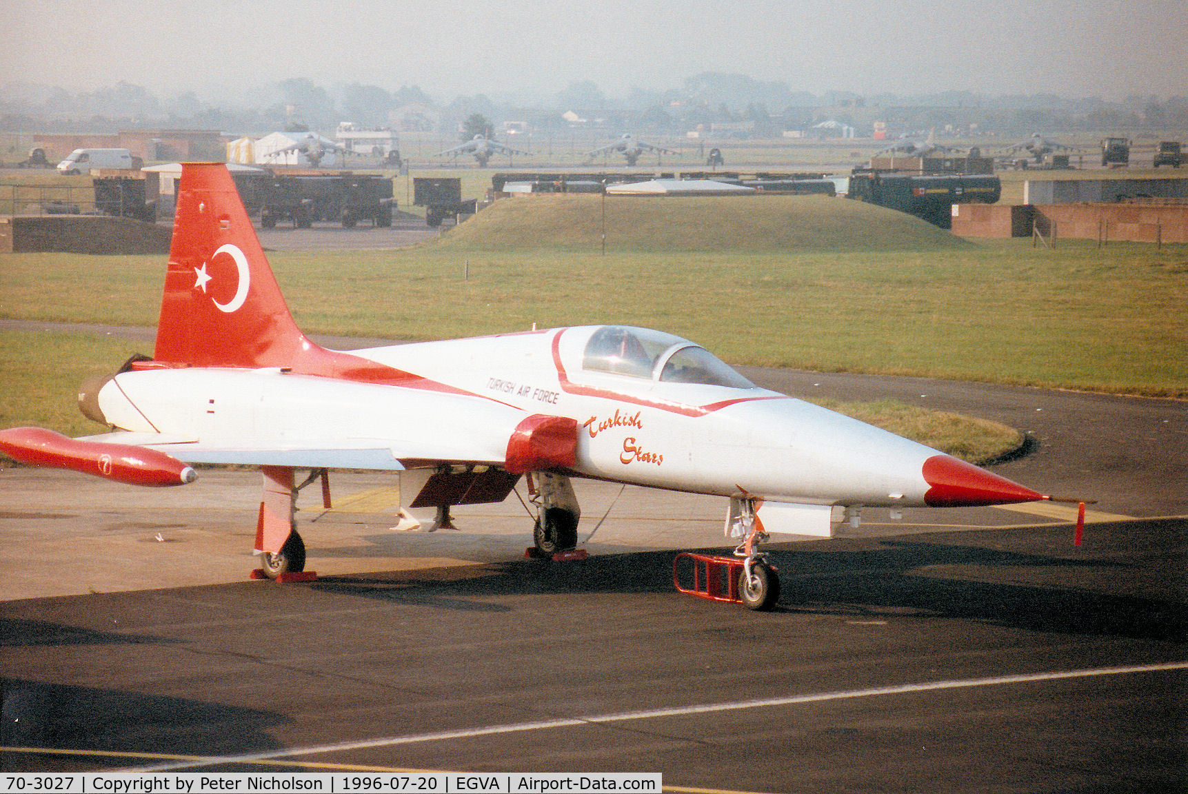 70-3027, Northrop NF-5A Freedom Fighter C/N 3027, NF-5A Freedom Fighter of 134 Filo of the Turkish Air Force's Turkish Stars display team on the flight-line at the 1996 Royal Intnl Air Tattoo at RAF Fairford.