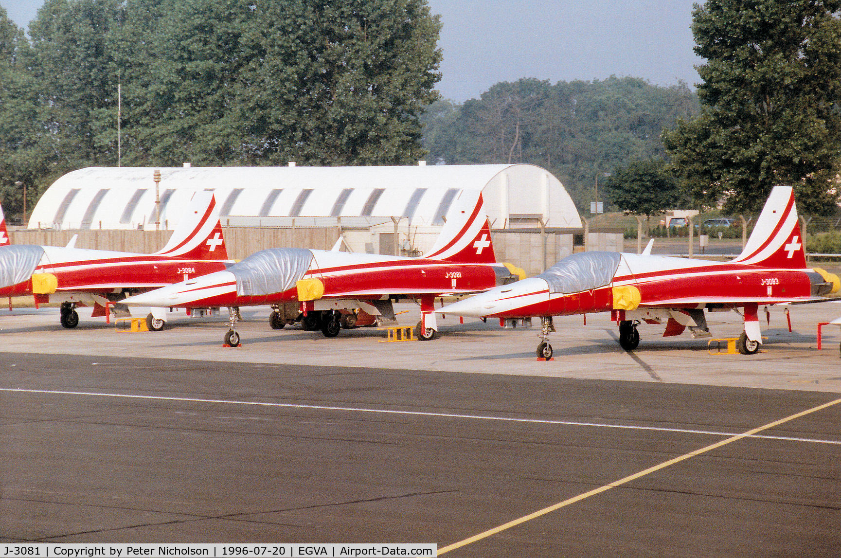 J-3081, Northrop F-5E Tiger II C/N L.1081, F-5E Tiger II of the Patrouille Suisse aerobatic display team on the flight-line at the 1996 Royal Intnl Air Tattoo at RAF Fairford.