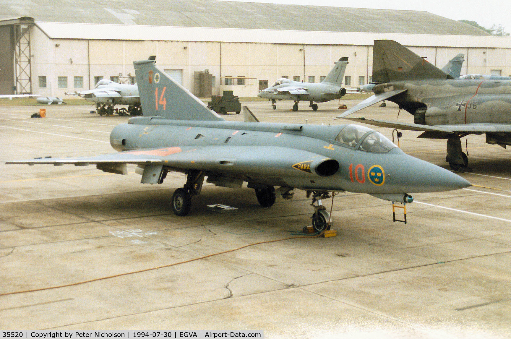 35520, Saab J-35F Draken C/N 35-520, J-35F Draken of F10 Wing Royal Swedish Air Force on the flight-line at the 1994 Intnl Air Tattoo at RAF Fairford.