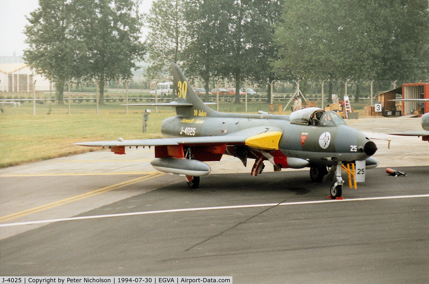 J-4025, 1959 Hawker Hunter F.58 C/N 41H-697394, Another view of this Hunter F.58 of the Patrouille Suisse display team on the flight-line at the 1994 Intnl Air Tattoo at RAF Fairford.