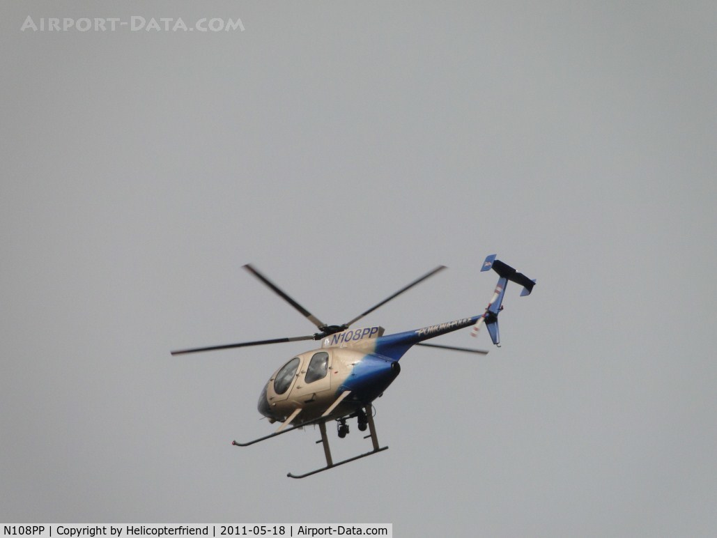N108PP, 2008 MD Helicopters 369E C/N 0578E, Starting to orbit around 99L to land on the street for Pomona PD Centennial Open House, landing area 99L no longer listed