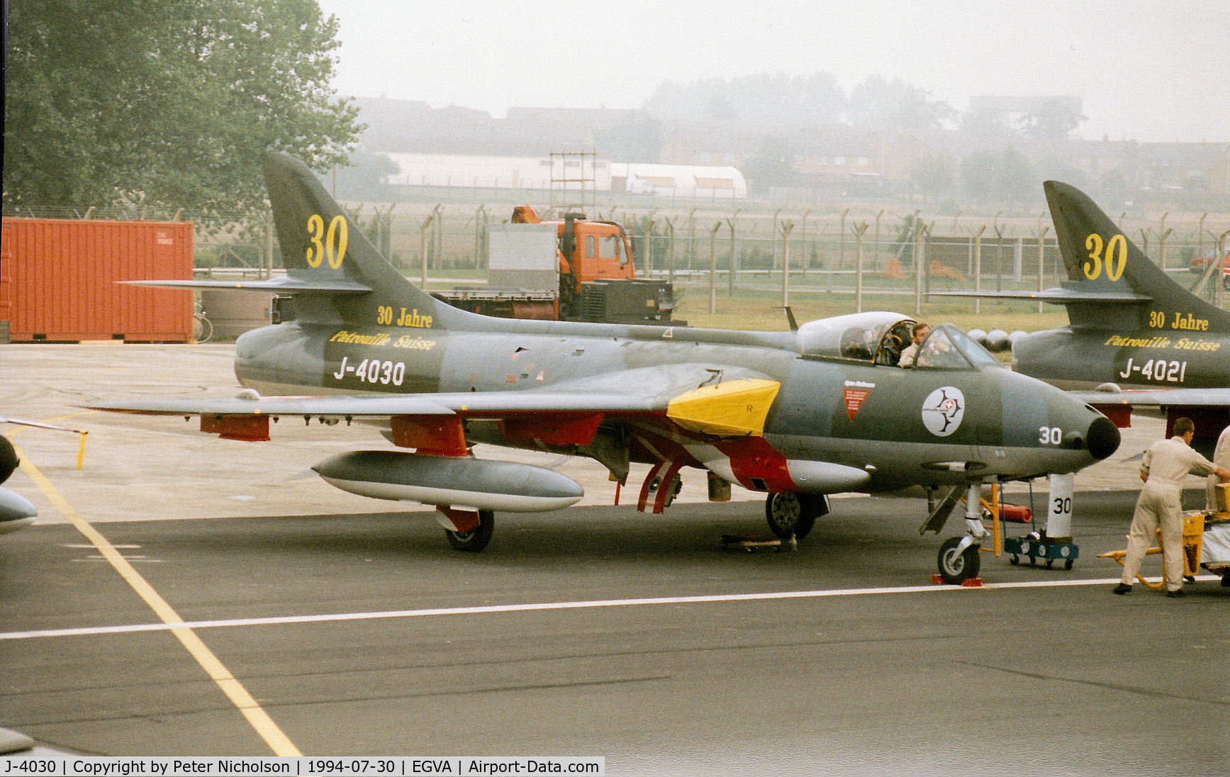 J-4030, 1958 Hawker Hunter F.58 C/N 41H-697397, Hunter F.58 of the Patrouille Suisse aerobatic display team in 30 years anniversary markings on the flight-line at the 1994 Intnl Air Tattoo at RAF Fairford.