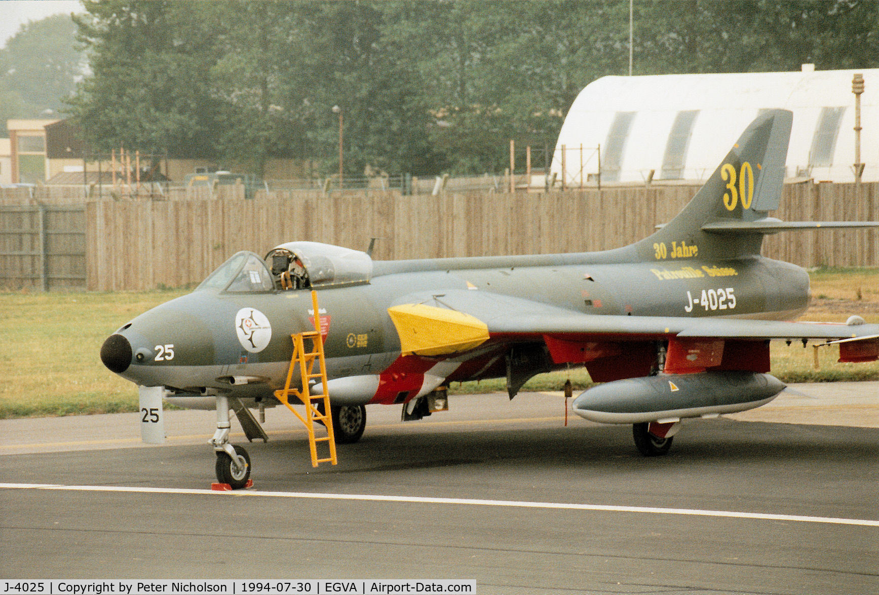 J-4025, 1959 Hawker Hunter F.58 C/N 41H-697394, Hunter F.58 of the Patrouille Suisse aerobatic display team in 30 years anniversary markings on the flight-line at the 1994 Intnl Air Tattoo at RAF Fairford.