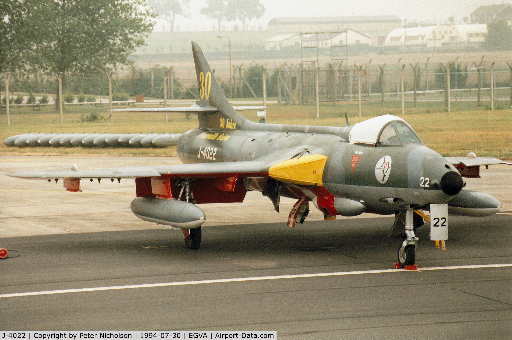 J-4022, 1955 Hawker Hunter F.58 C/N 41H-697389, Hunter F.58 of the Patrouille Suisse aerobatic display team in 30 years anniversary markings on the flight-line at the 1994 Intnl Air Tattoo at RAF Fairford.