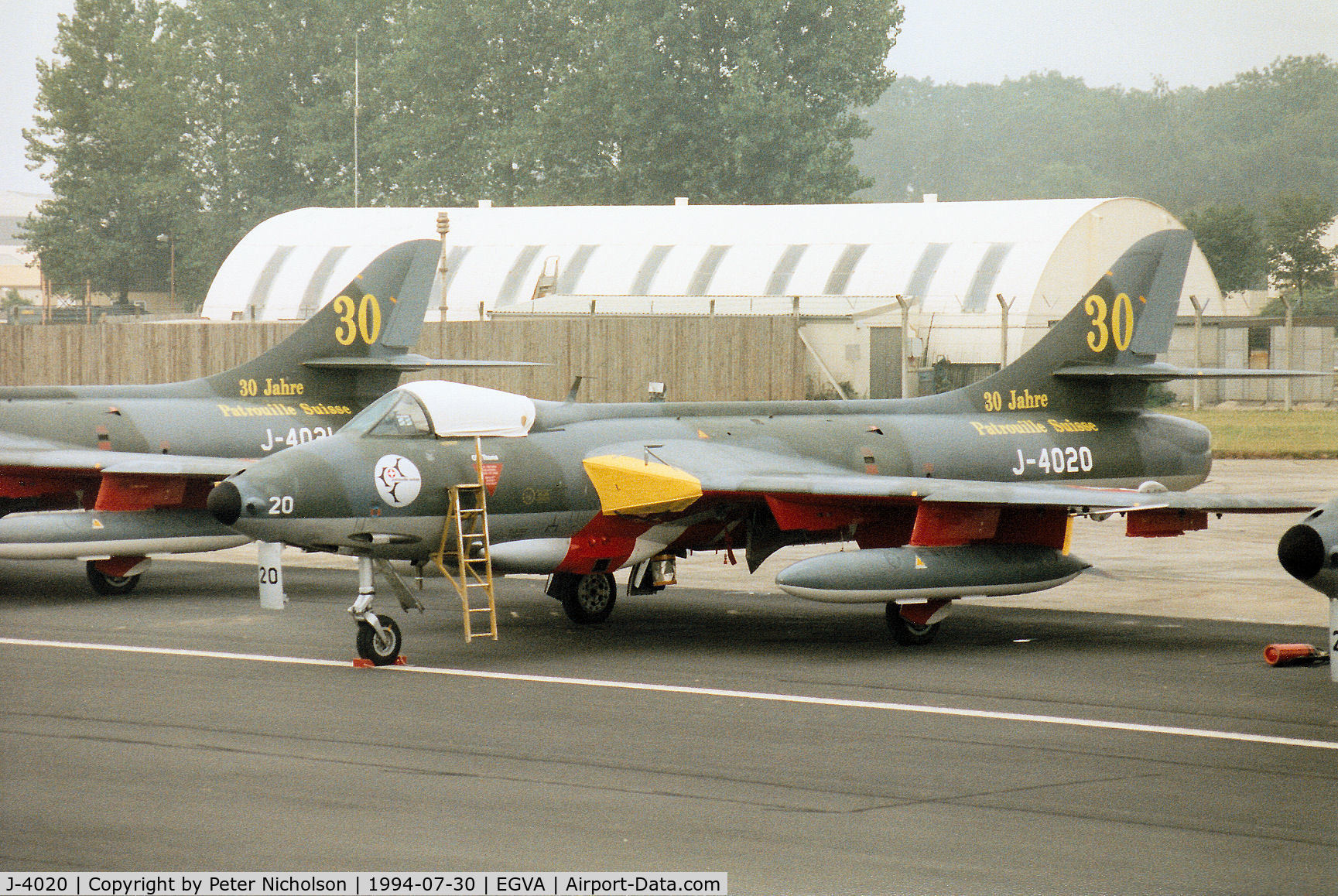 J-4020, 1959 Hawker Hunter F.58 C/N 41H-691768, Hunter F.58 of the Patrouille Suisse aerobatic display team in 30 years anniversary markings on the flight-line at the 1994 Intnl Air Tattoo at RAF Fairford.
