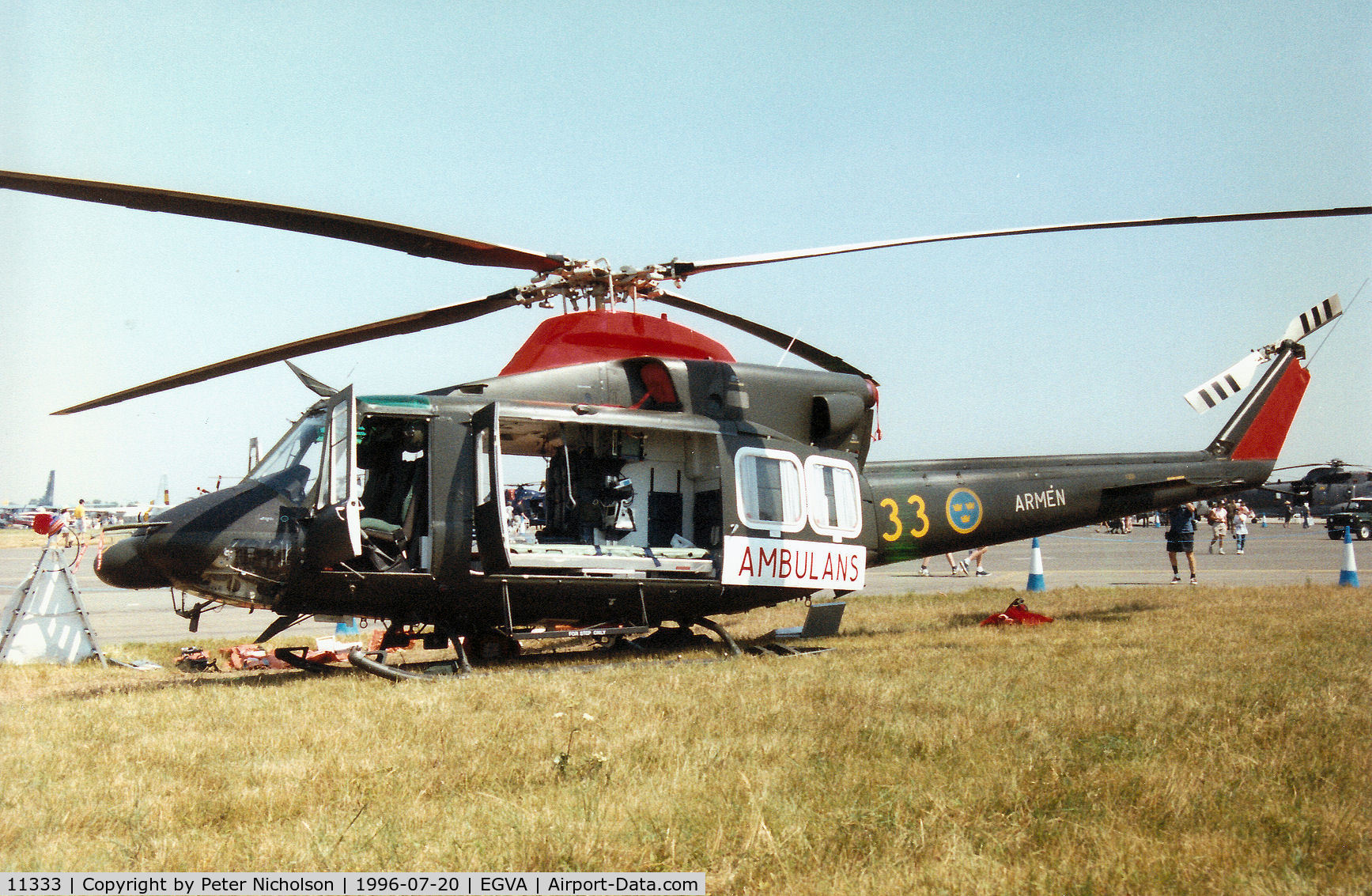 11333, Agusta Hkp11 (AB-412SP) C/N 25803, Hkp.11 of Royal Swedish Army Aviation on display at the 1996 Royal Intnl Air Tattoo at RAF Fairford.