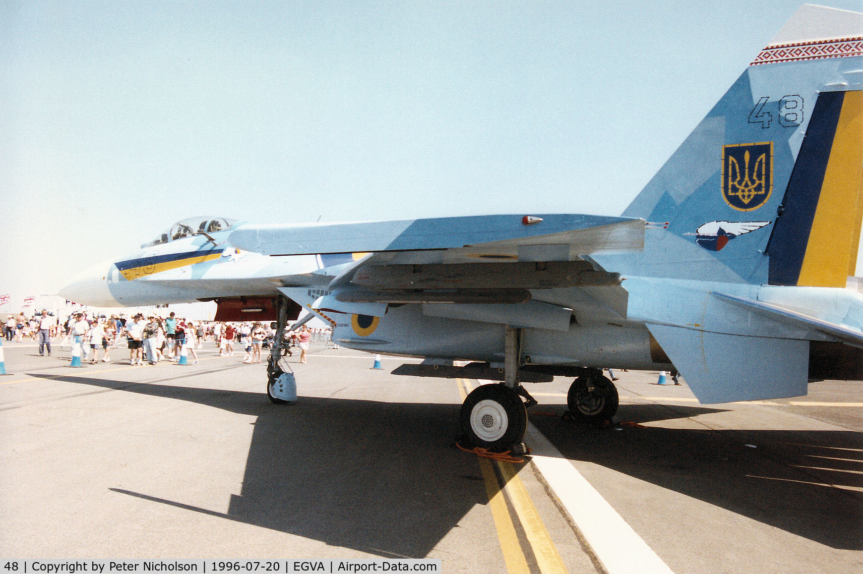 48, Sukhoi Su-27A C/N 36911014411, Su-27 Flanker B of the Ukranian Air Force on display at the 1996 Royal Intnl Air Tattoo at RAF Fairford.