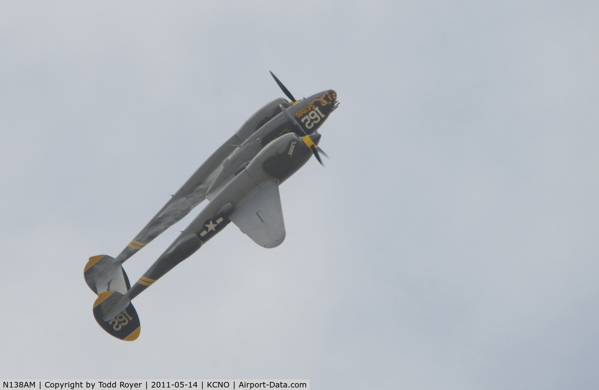 N138AM, 1943 Lockheed P-38J Lightning C/N 44-23314, note the fuel streaming from the center pod during a barrel roll