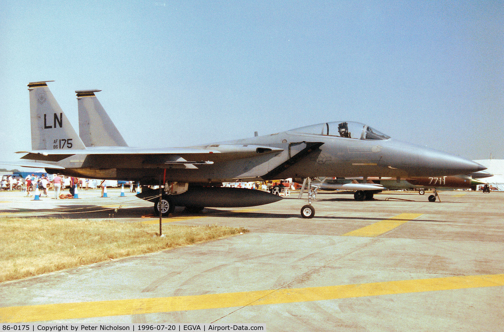 86-0175, 1986 McDonnell Douglas F-15C Eagle C/N 1025/C403, F-15C Eagle of RAF Lakenheath's 493rd Fighter Squadron/48th Fighter Wing on display at the 1996 Royal Intnl Air Tattoo at RAF Fairford.
