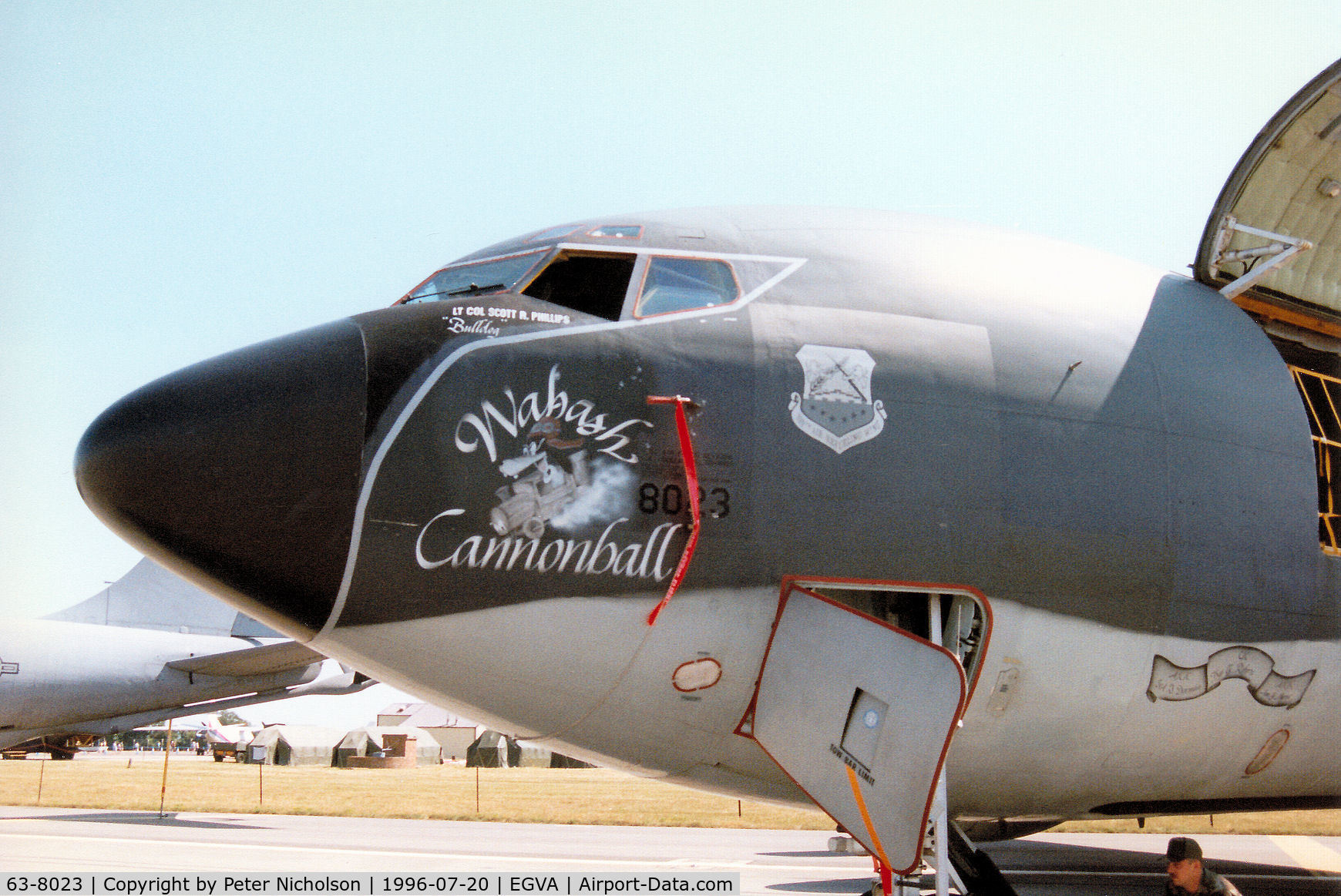63-8023, 1963 Boeing KC-135R Stratotanker C/N 18640, KC-135R Stratotanker named Wabash Cannonball of RAF Mildenhall's 100th Air Refuelling Wing on display at the 1996 Royal Intnl Air Tattoo at RAF Fairford.