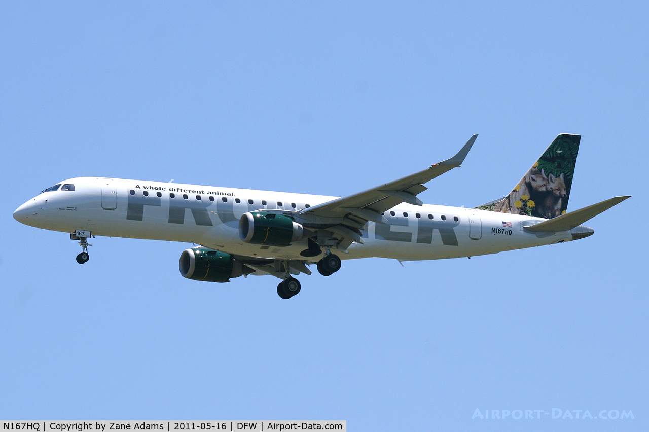 N167HQ, 2008 Embraer 190AR (ERJ-190-100IGW) C/N 19000173, Frontier Airlines landing at DFW Airport.