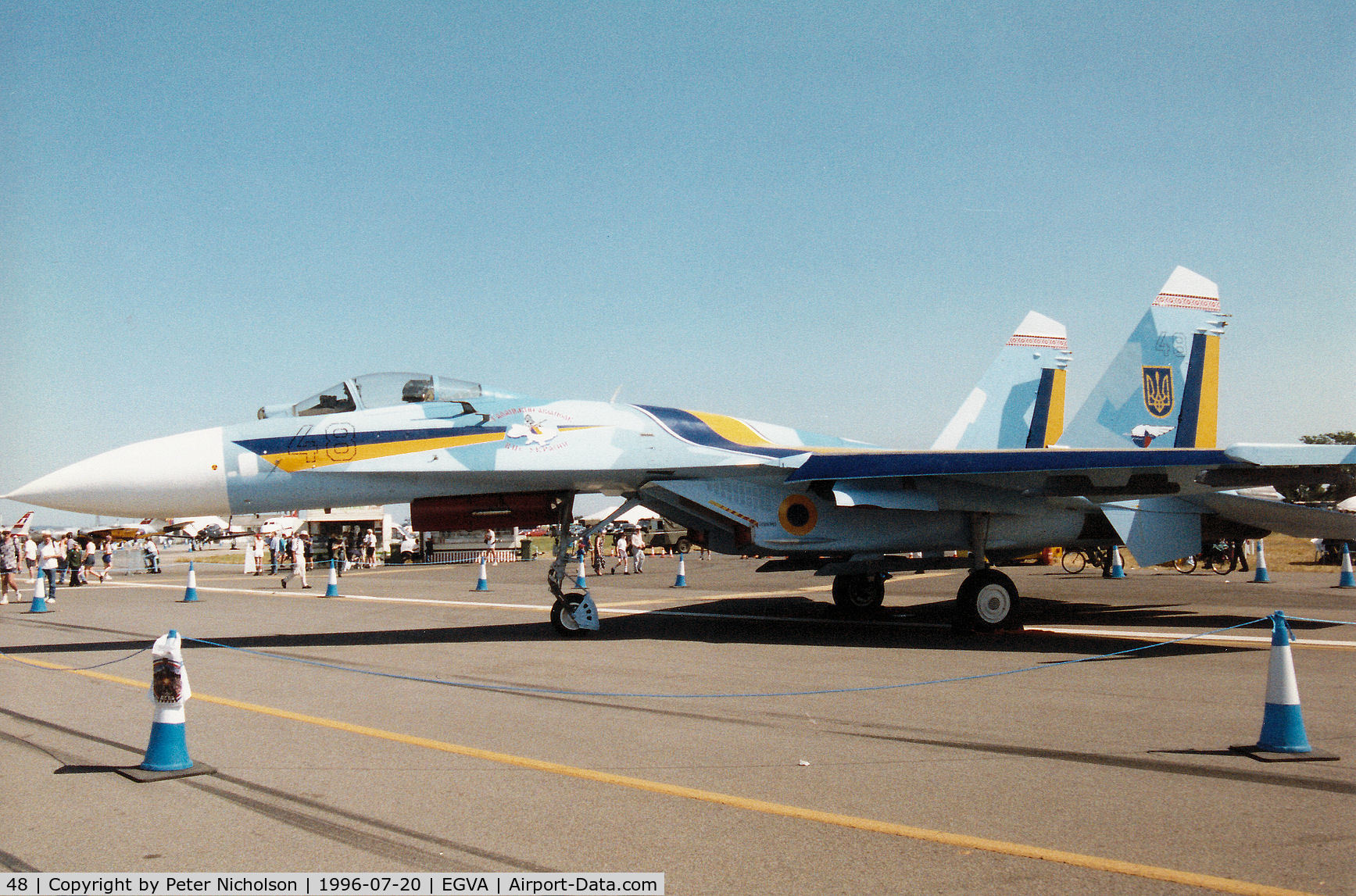 48, Sukhoi Su-27A C/N 36911014411, Another view of the Ukranian Air Force Su-27 Flanker B on display at the 1996 Royal Intnl Air Tattoo at RAF Fairford.