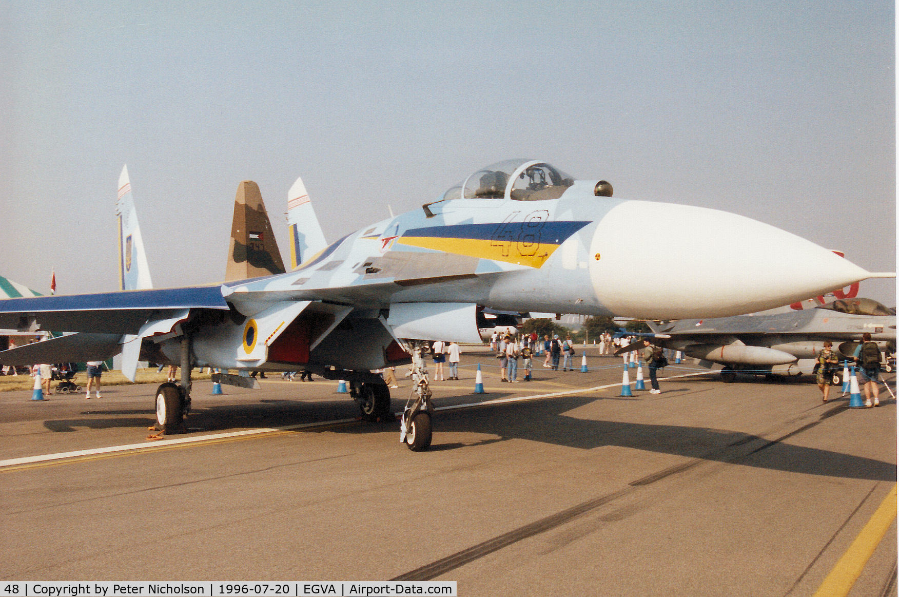 48, Sukhoi Su-27A C/N 36911014411, Another view of the Ukranian Air Force Flankler B on display at the 1996 Royal Intnl Air Tattoo at RAF Fairford.