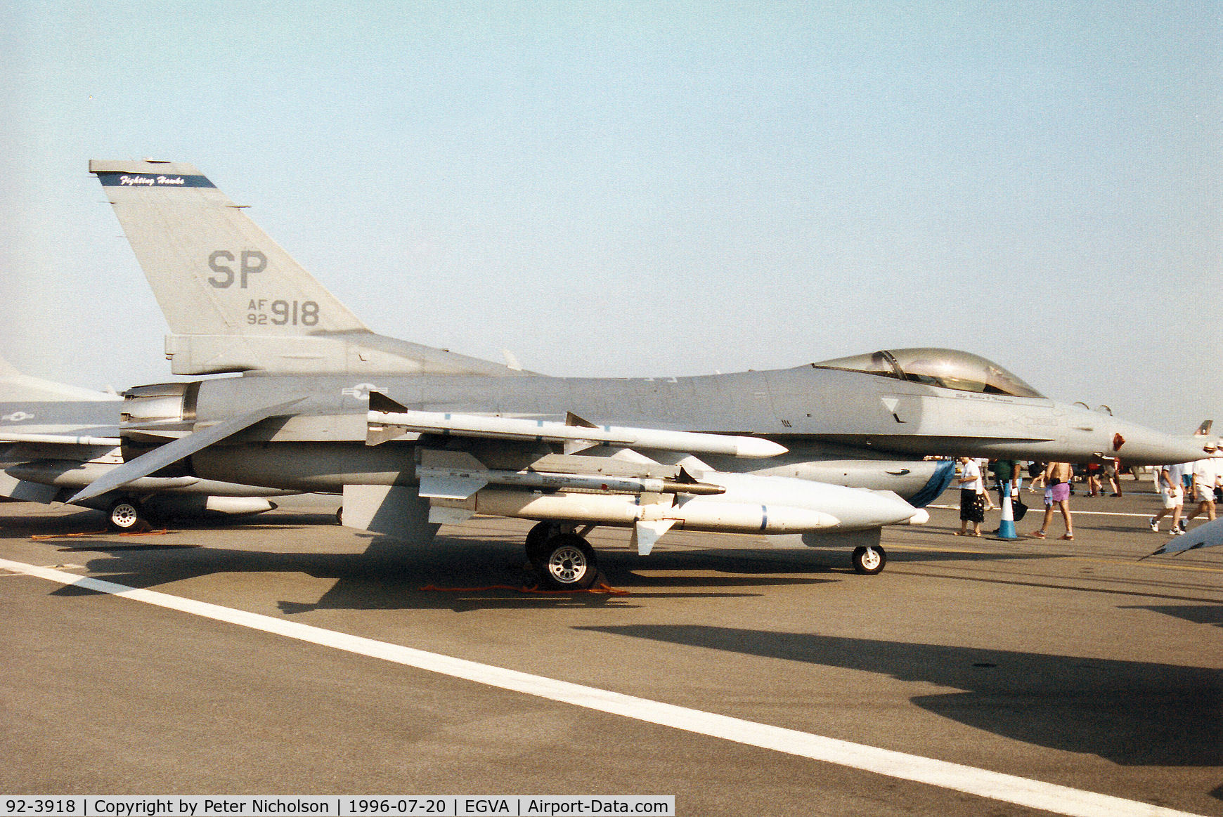92-3918, 1992 General Dynamics F-16C Fighting Falcon C/N CC-160, F-16C Falcon of Spangdahlem's 23rd Fighter Squadron/52nd Fighter Wing on display at the 1996 Royal Intnl Air Tattoo at RAF Fairford.