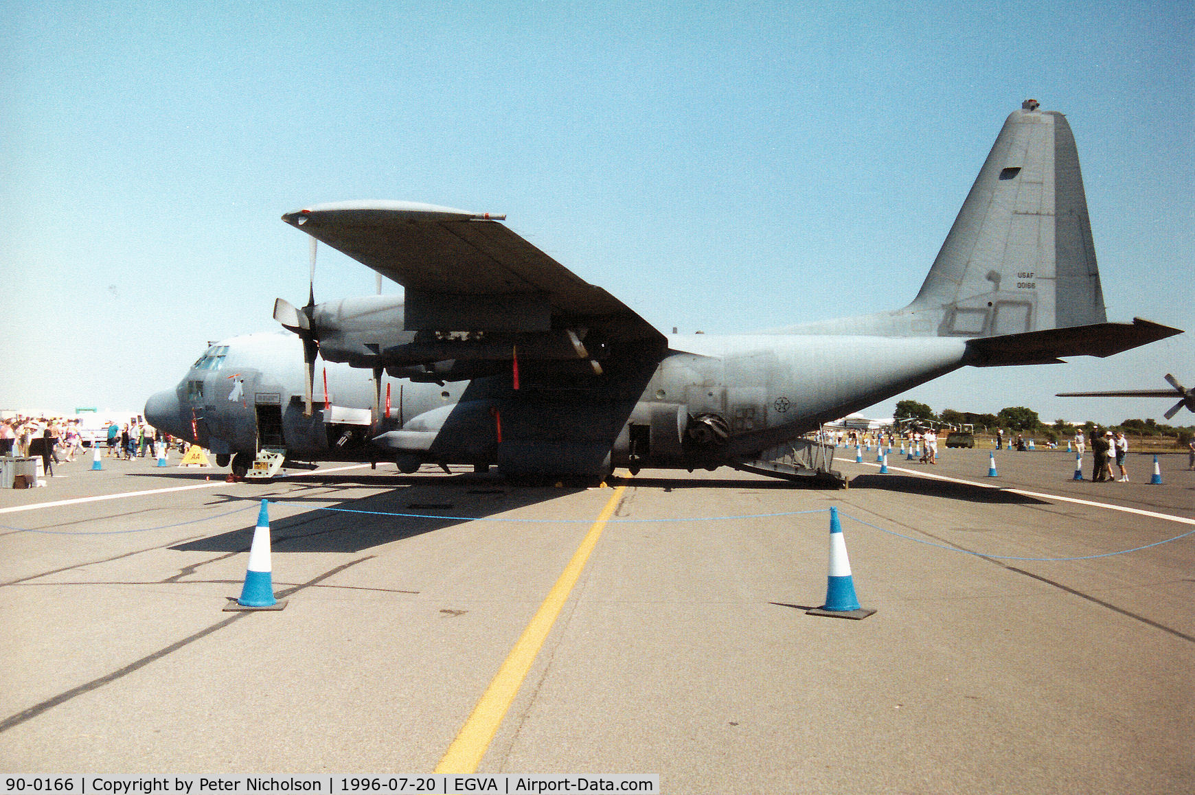 90-0166, 1990 Lockheed AC-130U Spooky II C/N 382-5261, AC-130U Hercules named Hellraiser of the 4th Special Operations Squadron on display at the 1996 Royal Intnl Air Tattoo at RAF Fairford.