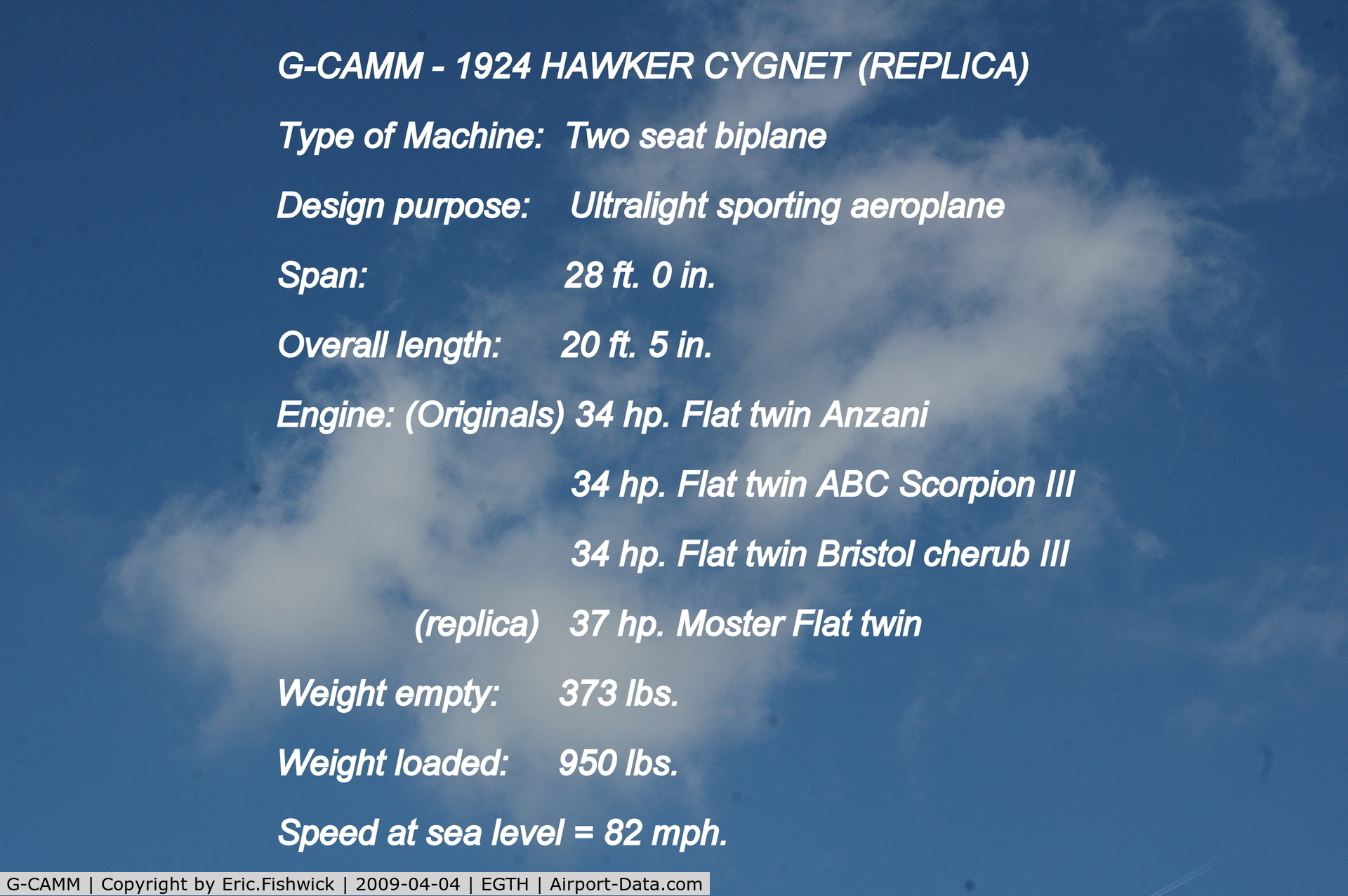 G-CAMM, 1992 Hawker Cygnet Replica C/N PFA 077-10245, DESCRIPTION