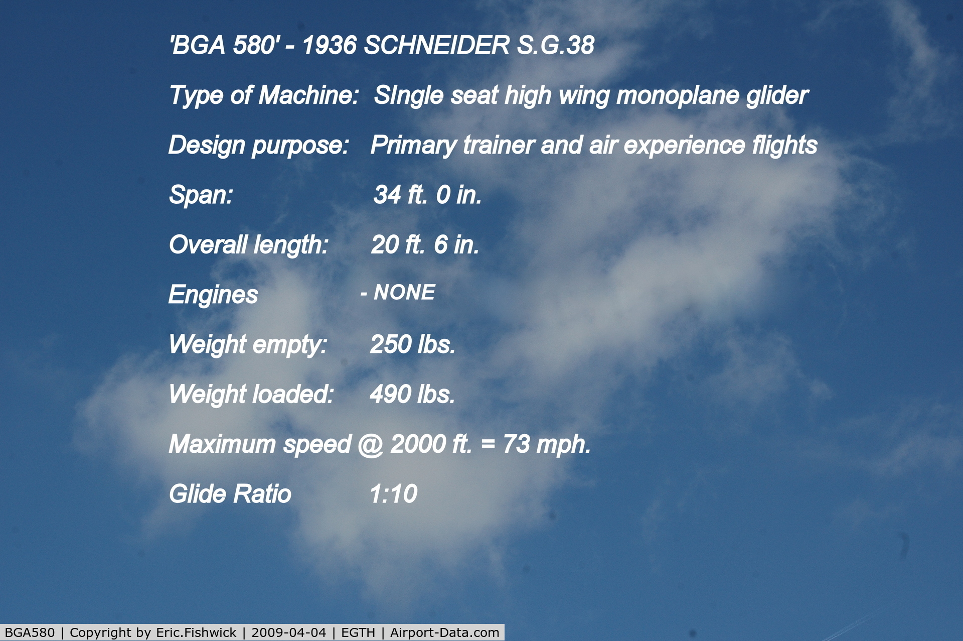 BGA580, 1936 Schneider S.G.38 C/N Not found BGA580, DESCRIPTION