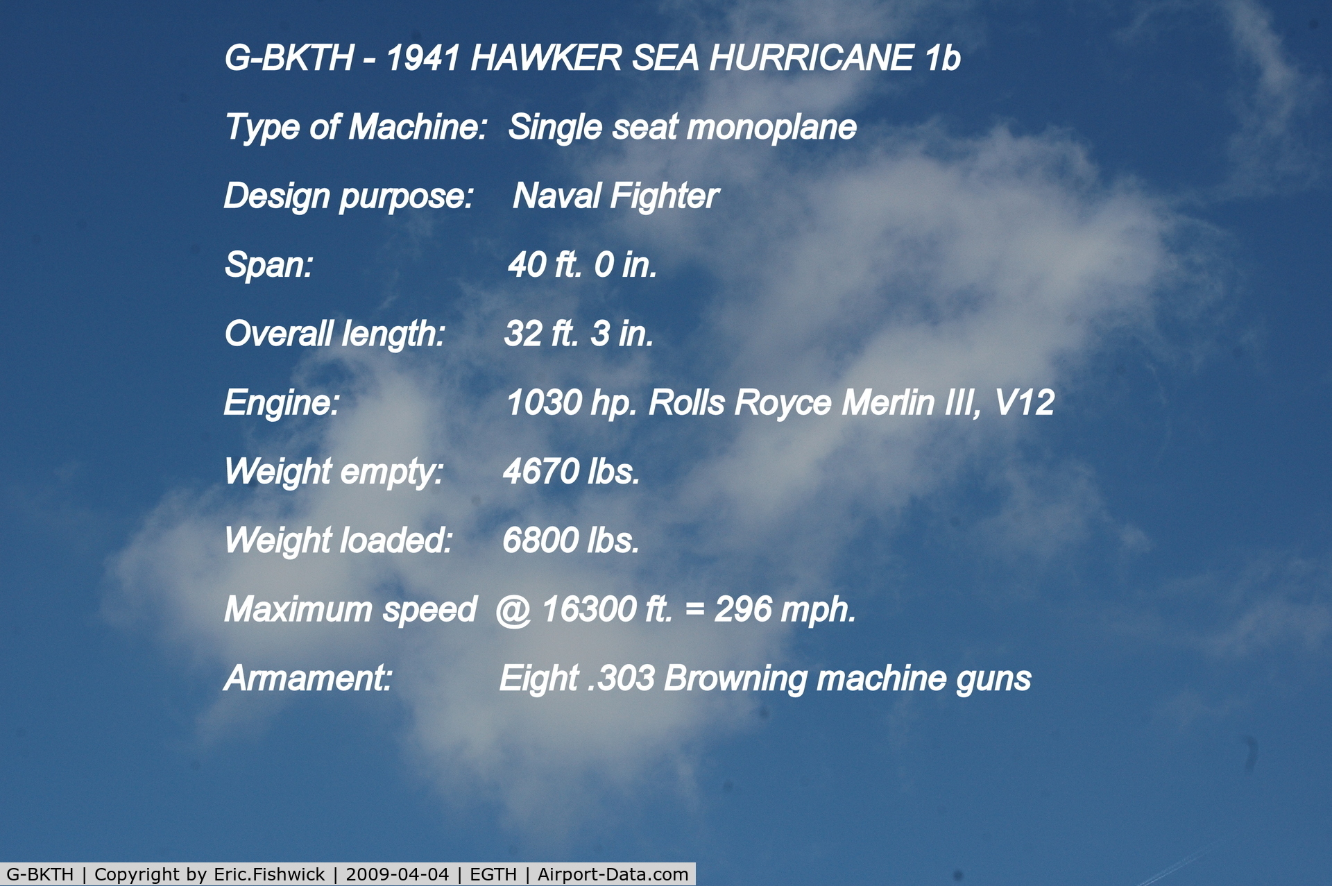 G-BKTH, 1939 Hawker (CCF) Sea Hurricane Mk1B C/N CCF/41H/4013, DESCRIPTION