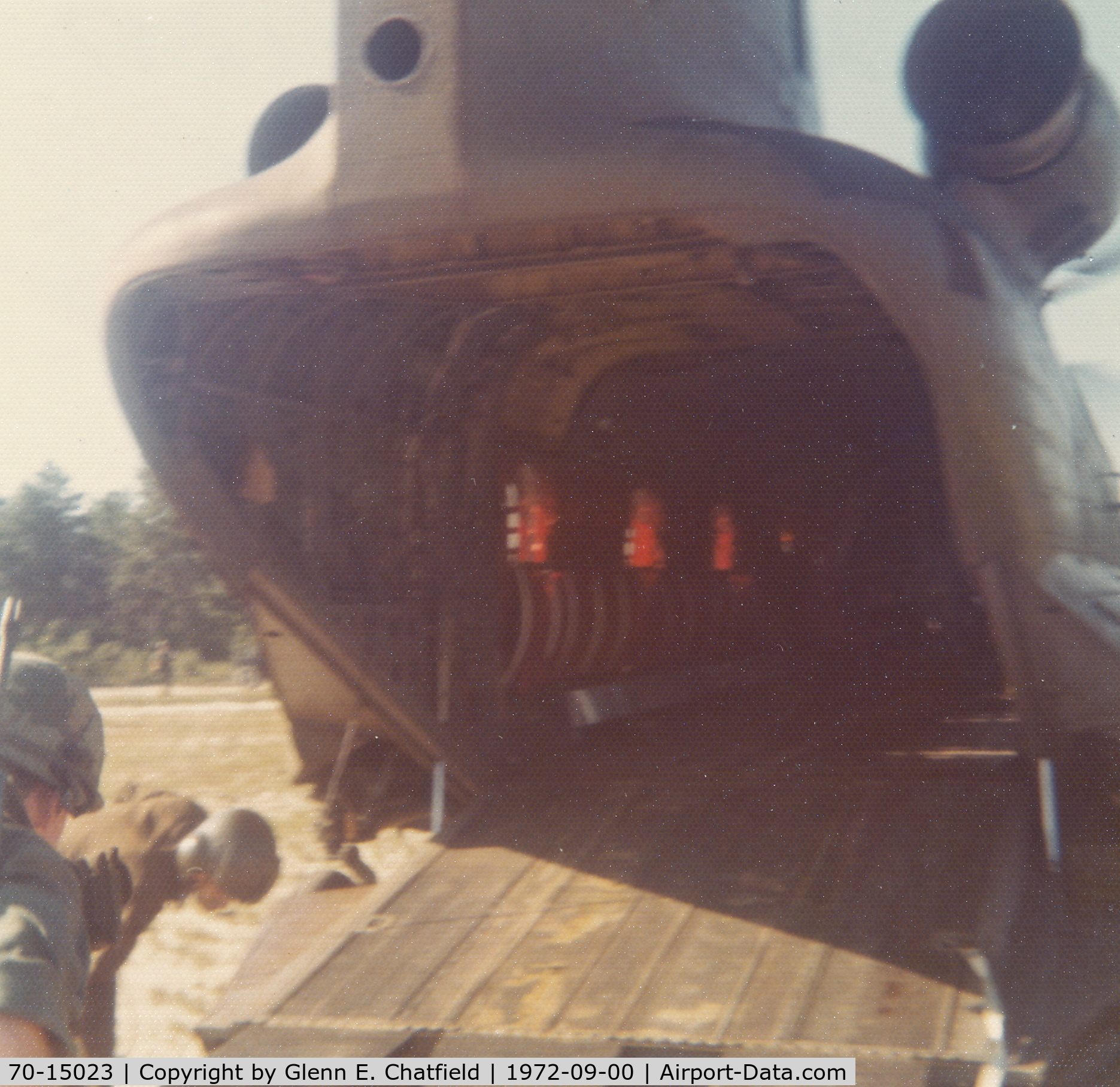 70-15023, 1970 Boeing Vertol CH-47C Chinook C/N B.665, Aircraft was from 196th Aviation Company, 269th Aviation Battalion. Finished unloading, now getting tailgate up.  Ft. Bragg, NC